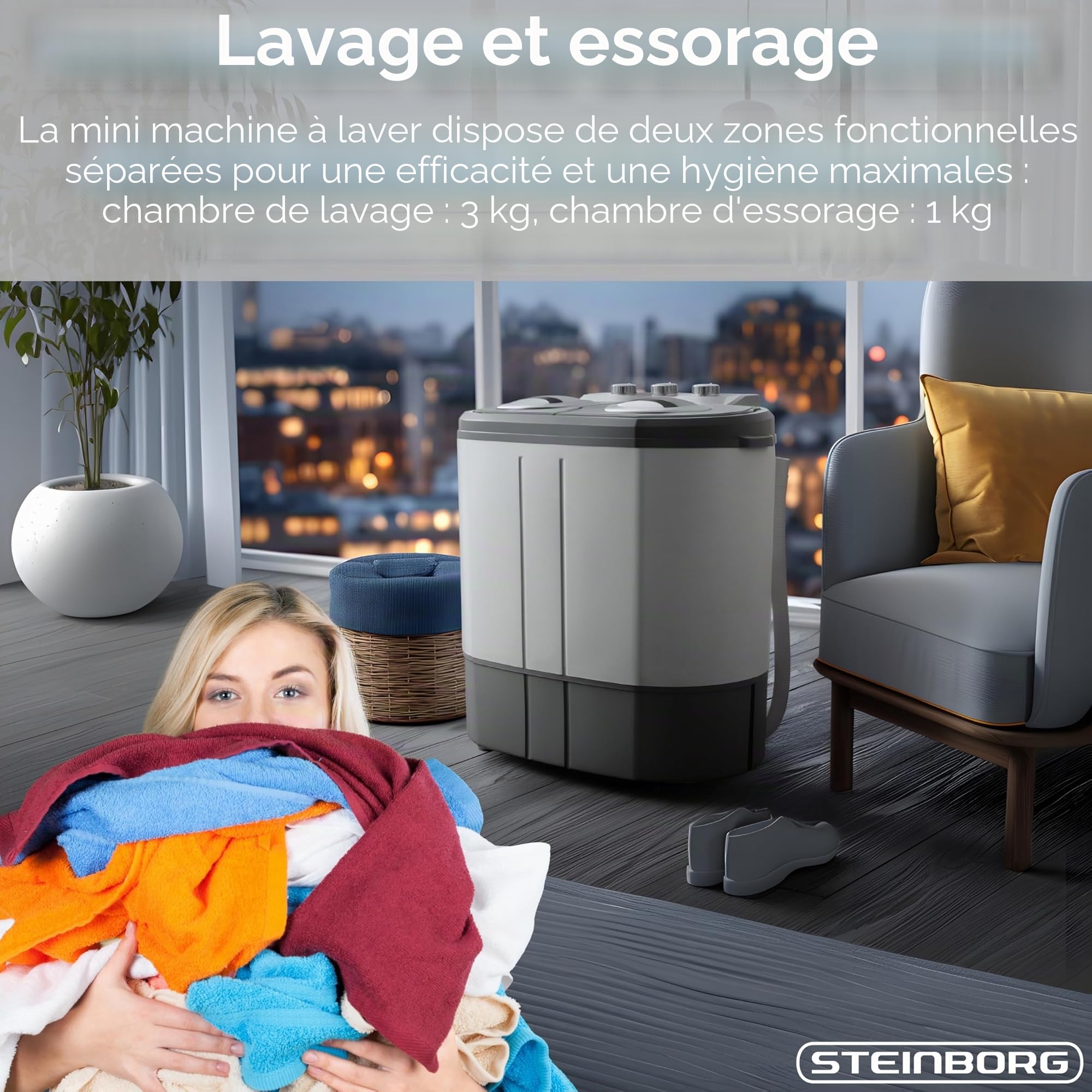 Steinborg Mini machine à laver avec essoreuse – 2 compartiments Toploader, capacité de lavage jusqu'à 3 kg, chambre d'essorage jusqu'à 1 kg, machine à laver compacte idéale pour le camping, les