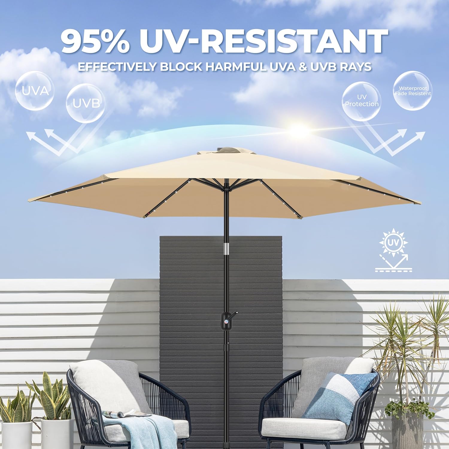 FRUITEAM Solar LED patio Ourdoor market umbrella with LED Lights,Tilt and Crank Table Umbrellas for Garden, Deck, Backyard and Pool(Beige)