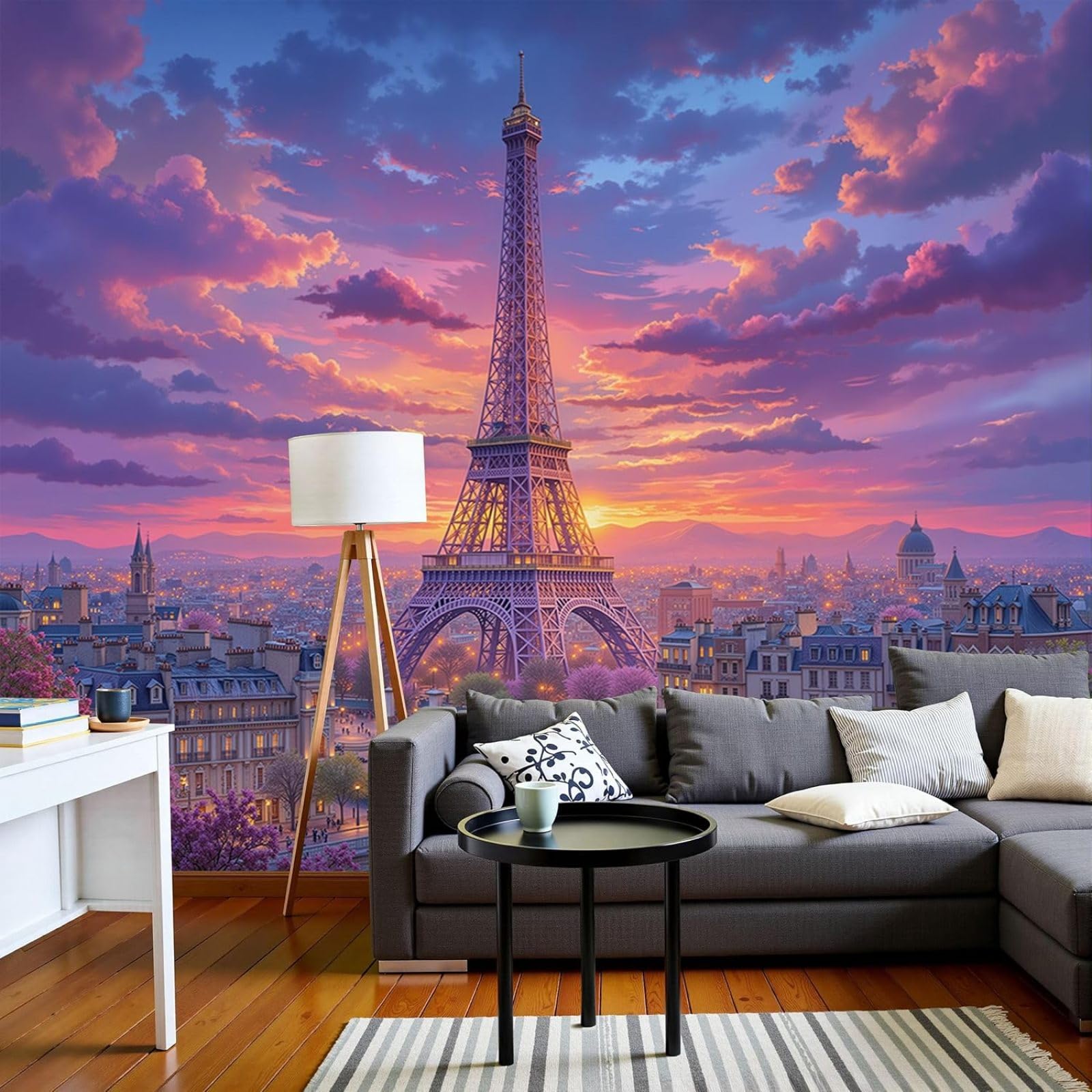 3D Effect Photo Wallpaper Nature City Architecture Non-woven Poster Sunset Eiffel Tower Photo Purple Wall Mural Living Room Bedroom Picture Wallpaper, 300cm x 210cm Stickers - Frameless Painting - Pos
