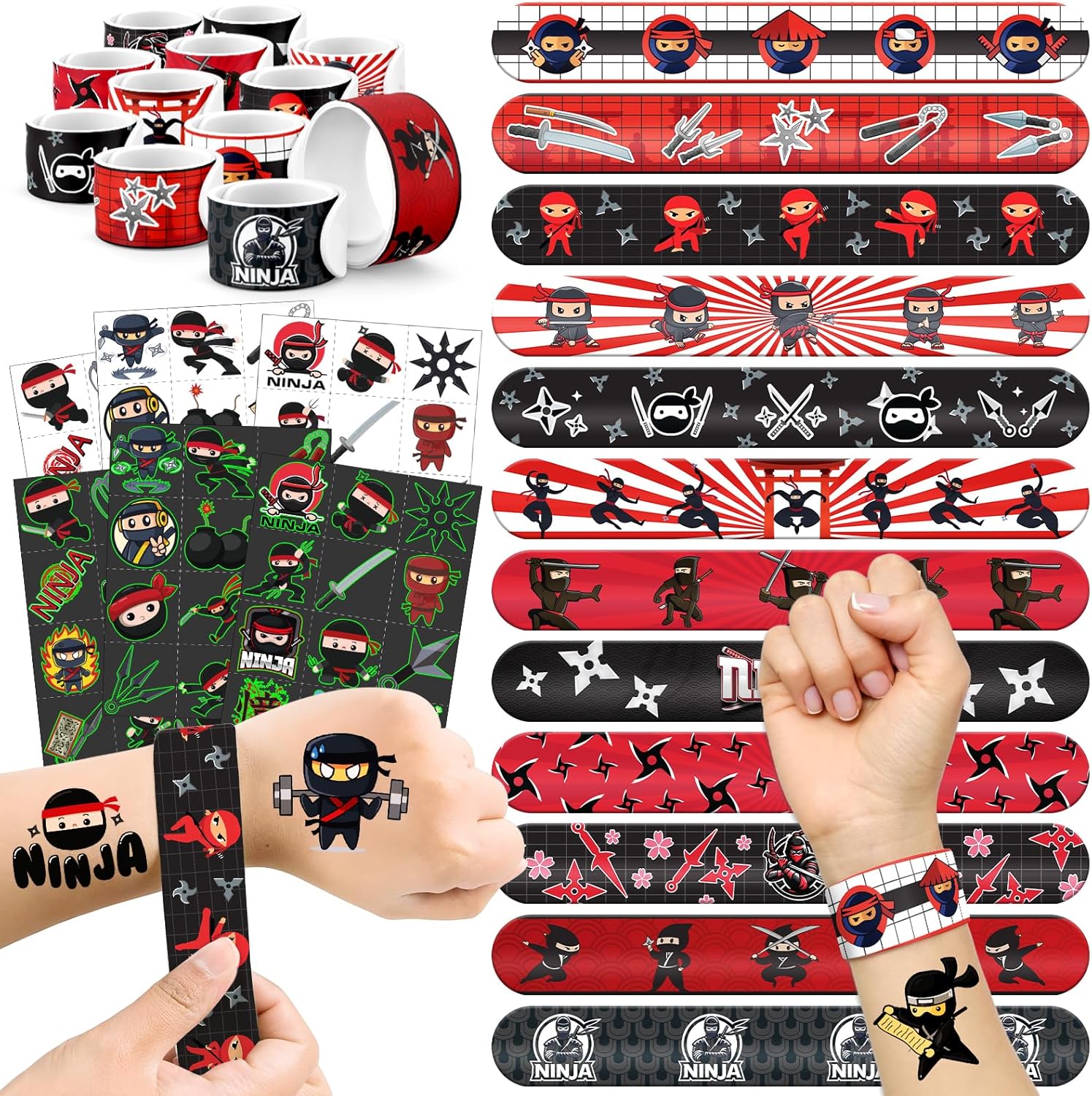 96 PCS Ninja Party Favors Set – 72 Pre-Cut Temporary Tattoos & 24 Slap Bracelets for Kids, Cool Red & Black Ninja Birthday Party Supplies and Goodie Bag Fillers