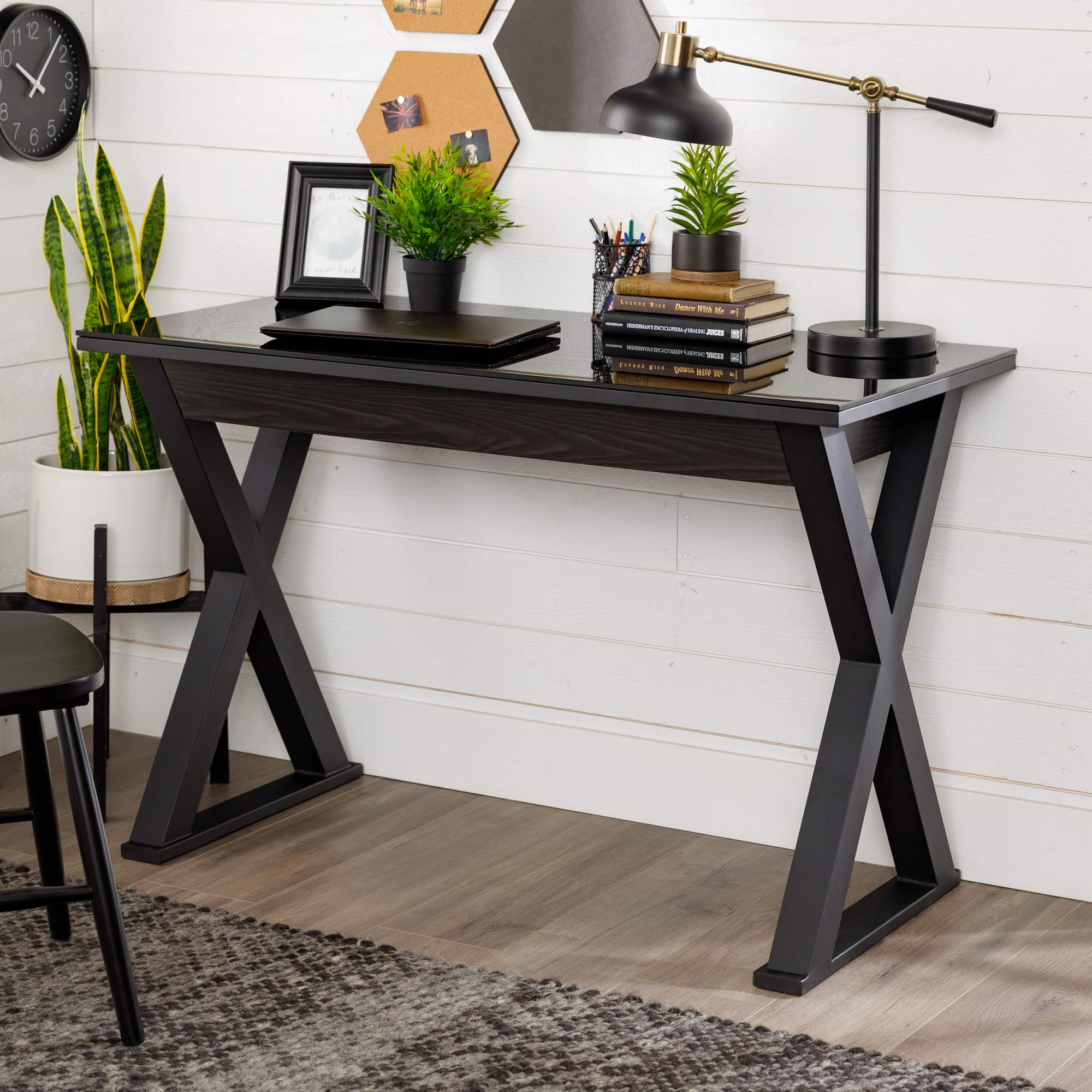 Walker Edison Lawrence Urban Industrial X Leg Glass Top Computer Desk, 48 Inch, Black