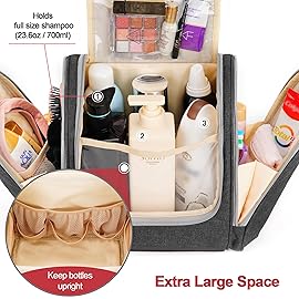 COOSKY Hanging Toiletry Bag for Women & Men, Cruise Ship Travel Essentials, Holds Full Size Shampoo, with Dry and Wet Separation Cosmetic Bag, Makeup Organizer Bag, Bathroom Water-resistant Bag, Grey