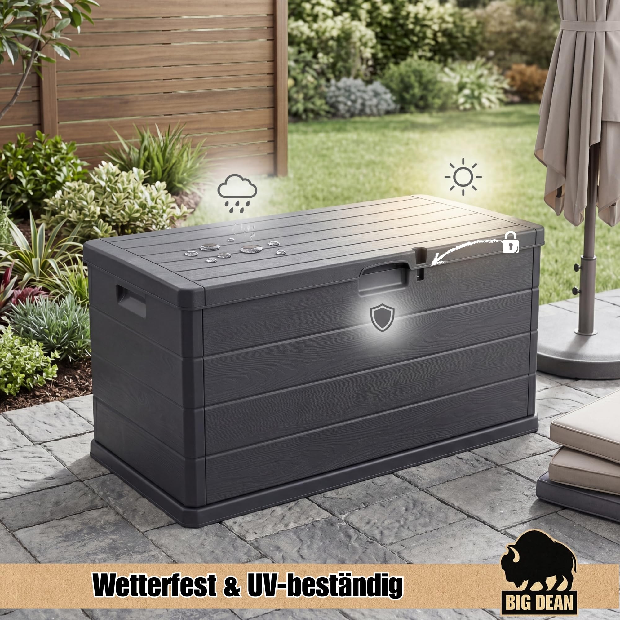 BigDean Auflagenbox Kissenbox Klicksystem 340 Liter Deckel abschließbar | Stabiler und überlappender Deckel hält Feuchtigkeit fern