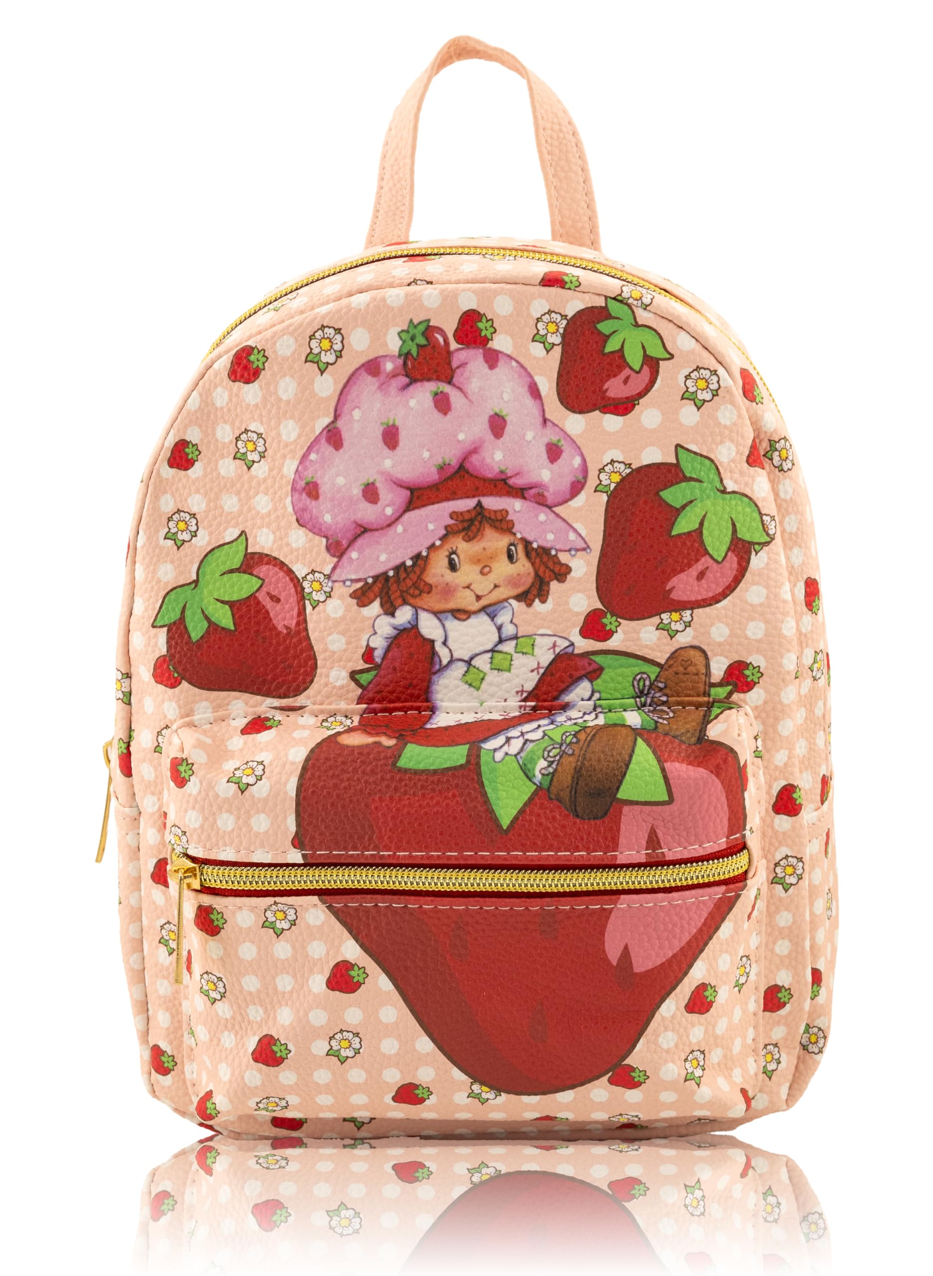 strawberry shortcake mini backpack for kids & adults | 10" pu leather backpack purse | toddler travel bag, small bookbag, lightweight rucksack for school, travel, or everyday use | ages 3+