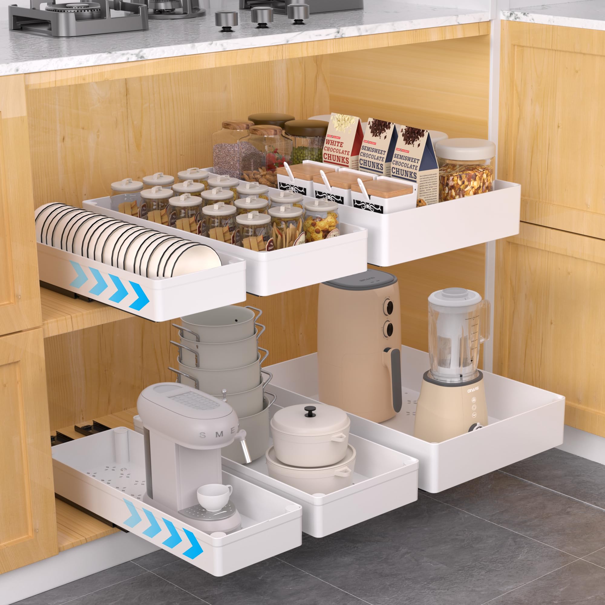 2 Packs Pull Out Cabinet Organizer Fixed with Adhesive Nano Film,Heavy Duty Storage and Organization Slide Out Pantry Shelves Sliding Drawer Pantry Shelf for Kitchen