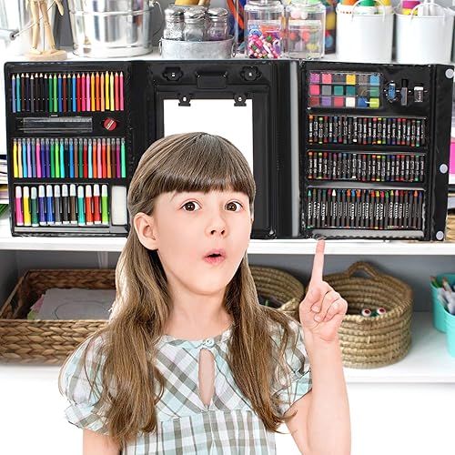 Miniatura 5 de BRITI Juego de arte de caballete triple de doble cara de 208 piezas, estuche completo de suministros de arte para niños con crayones, marcadores y
