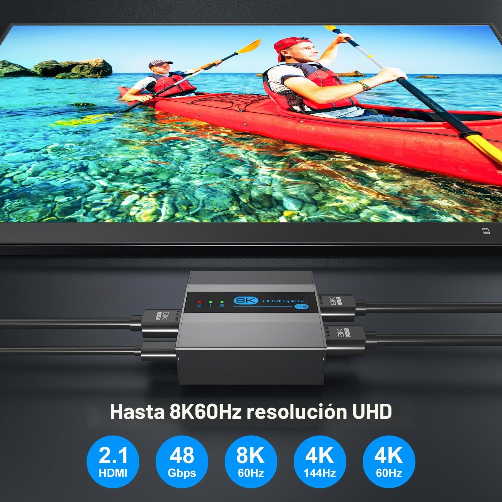 VEDINDUST HDMI 2.1 Splitter1 Entrada 2 Salidas 4K120Hz 8K60Hz Divisor HDMI Soporta EDID HDCP2.3 HDR10 8K UHD para PC TV Xbox DVD PS5 PS4 etc