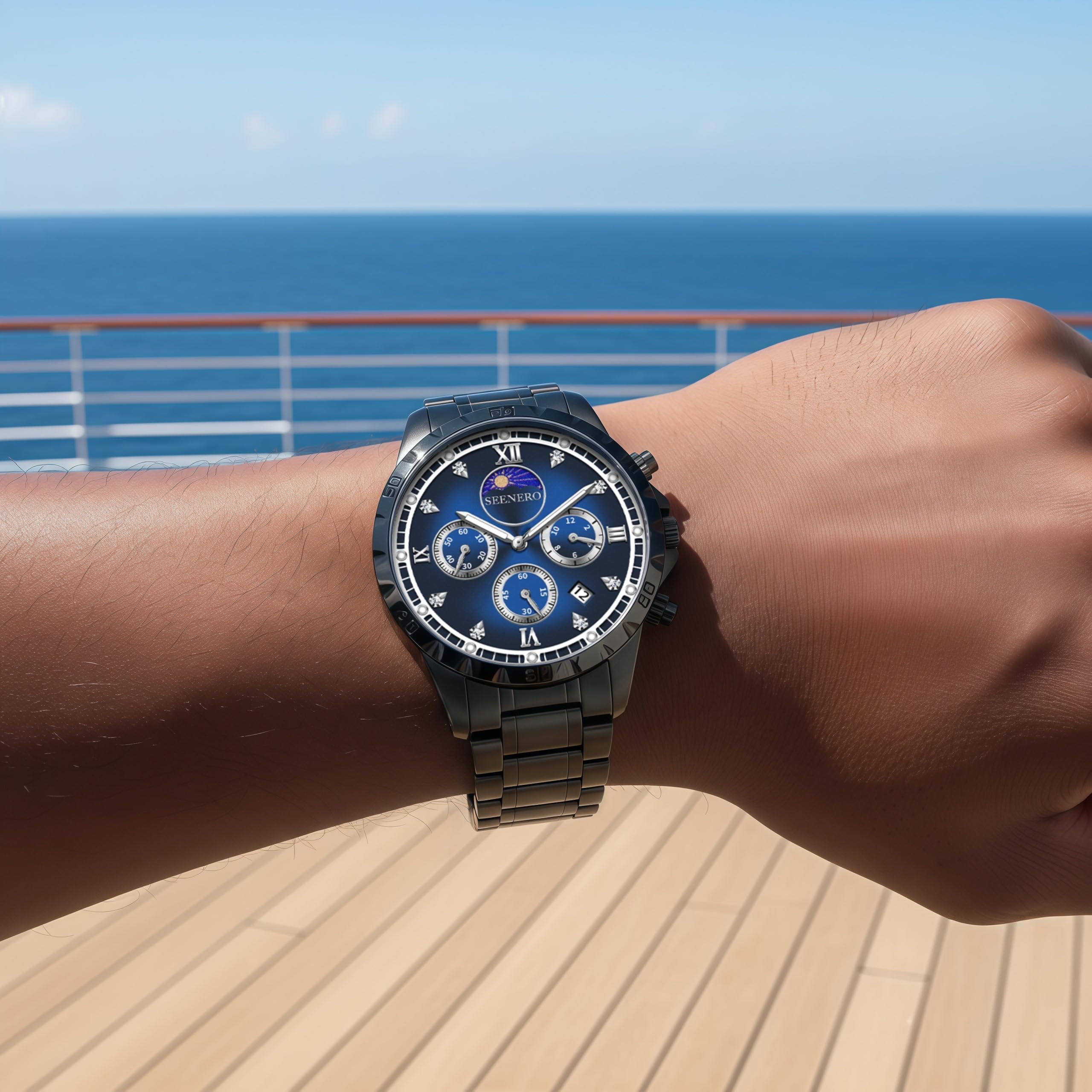 Orologi da uomo di lusso, in acciaio inox, cronografo, al quarzo, impermeabile, con fasi lunari e quadrante romano luminoso, alla moda, ideale come regalo per compleanno, anniversario o