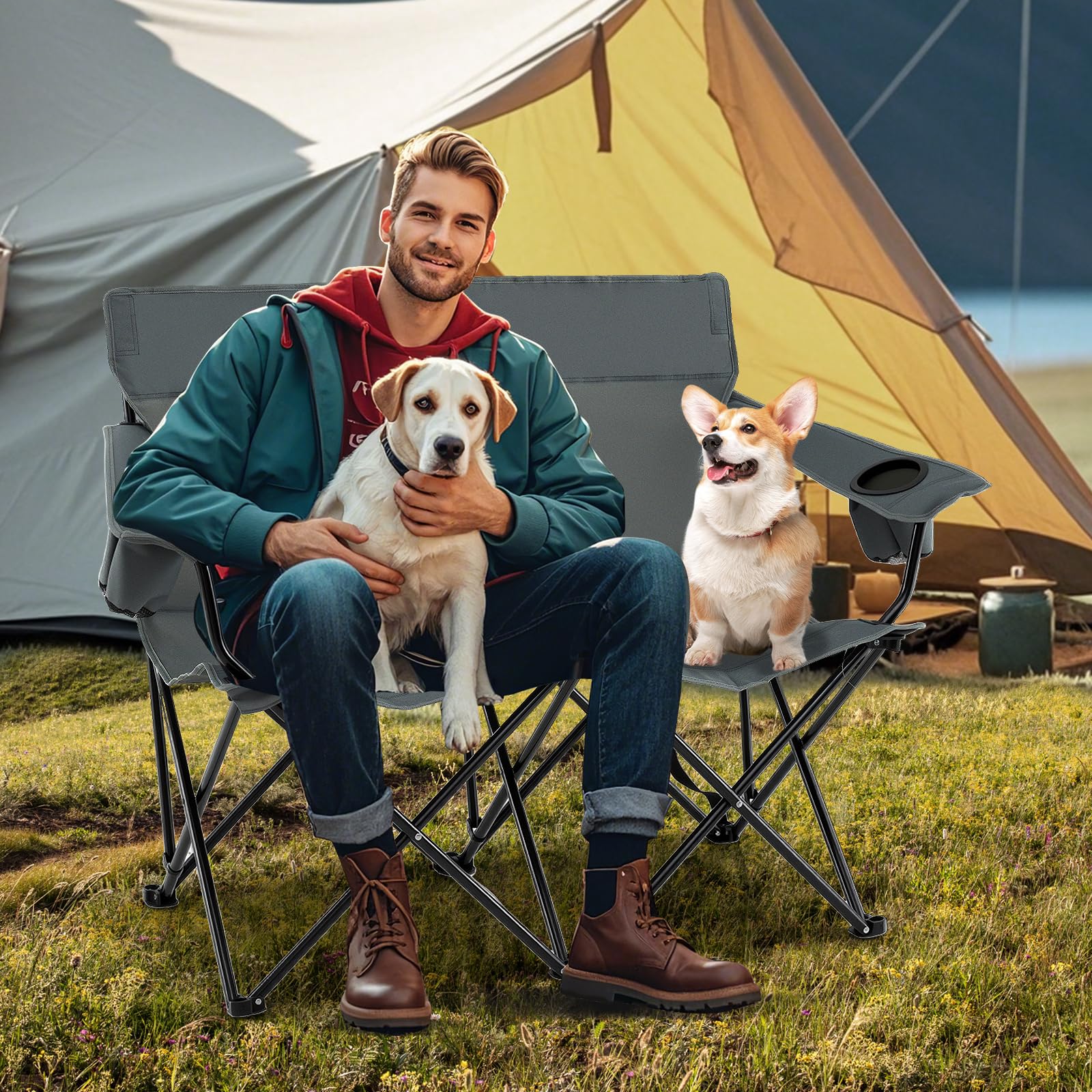 COSTWAY Sedia da Campeggio Doppia, Poltrona Pieghevole per 2 Persone con Portabicchieri, Borsa per il Trasporto, Sedia da Giardino Portatile per Spiaggia, Picnic, Pesca, Portata 300 kg (Grigio)