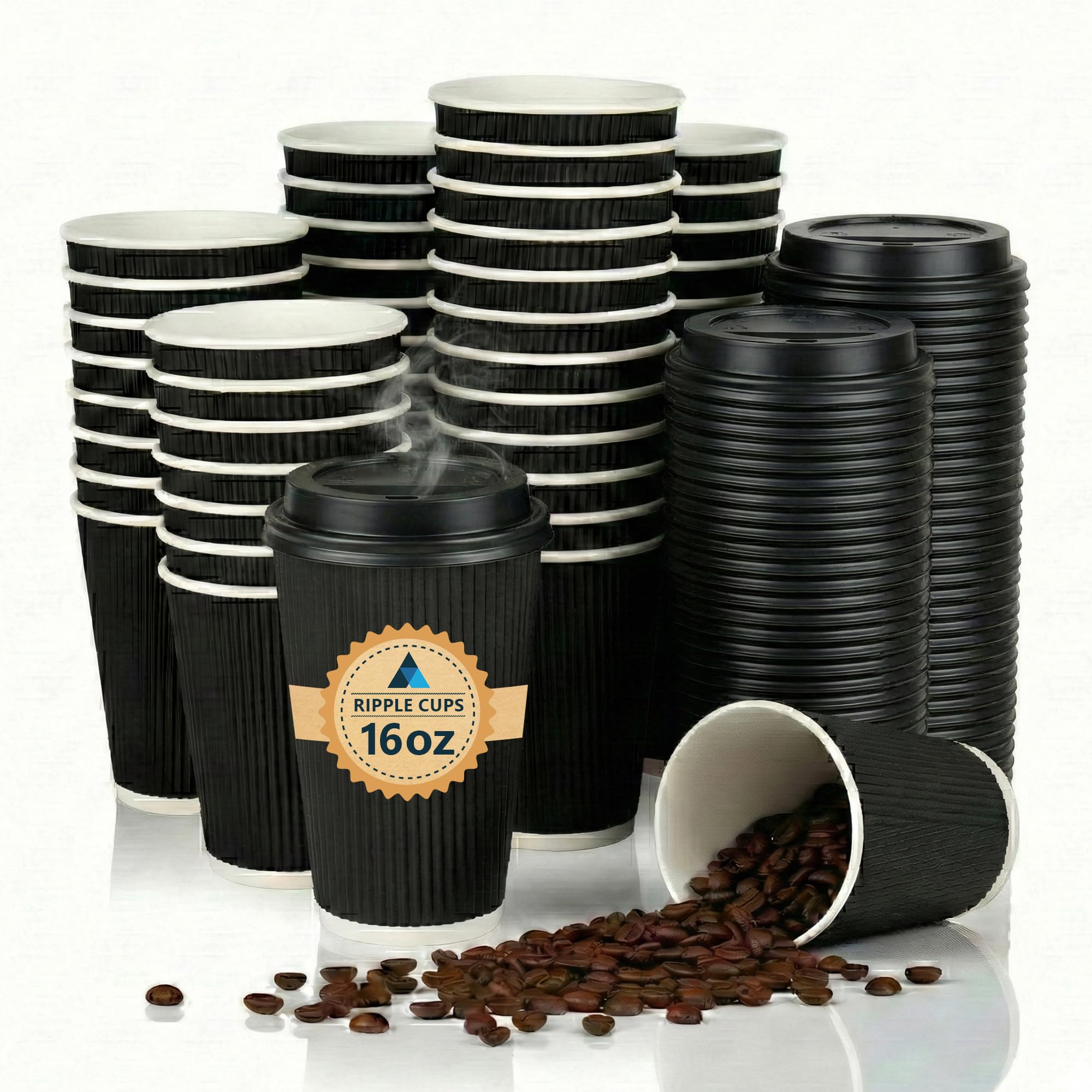 Nationwide Paper 16oz (475ml) Insulated Takeaway Cups with Lids Black Triple Wall Ripple Disposable Paper Cups for Hot Drinks, Large Coffee, Latte, Cappuccino & Tea, Catering Use (Pack of 200) โ image 1