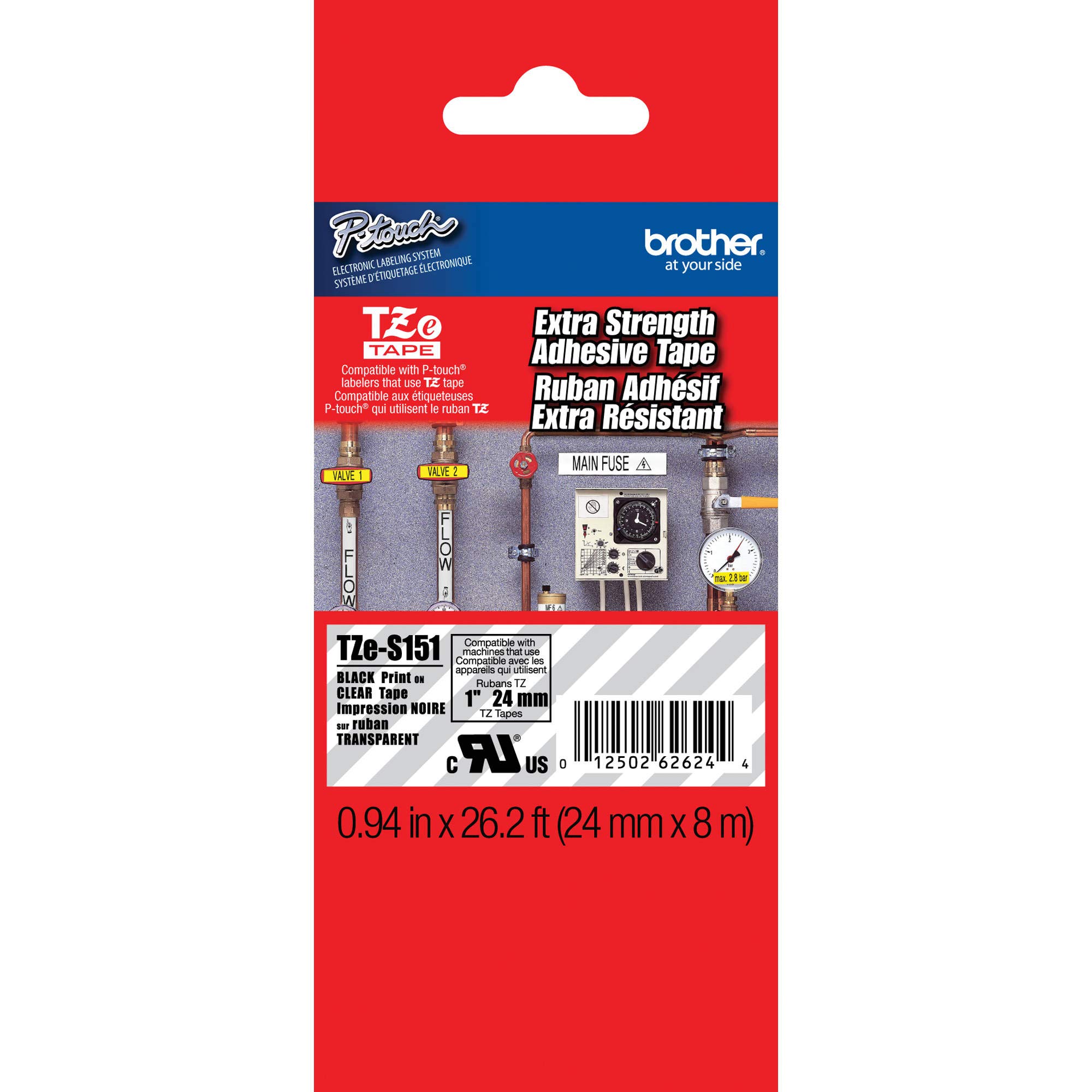 Brother Extra Strength TapeLaminated Black on Clear24mm (Tzes151)-Retail Packaging