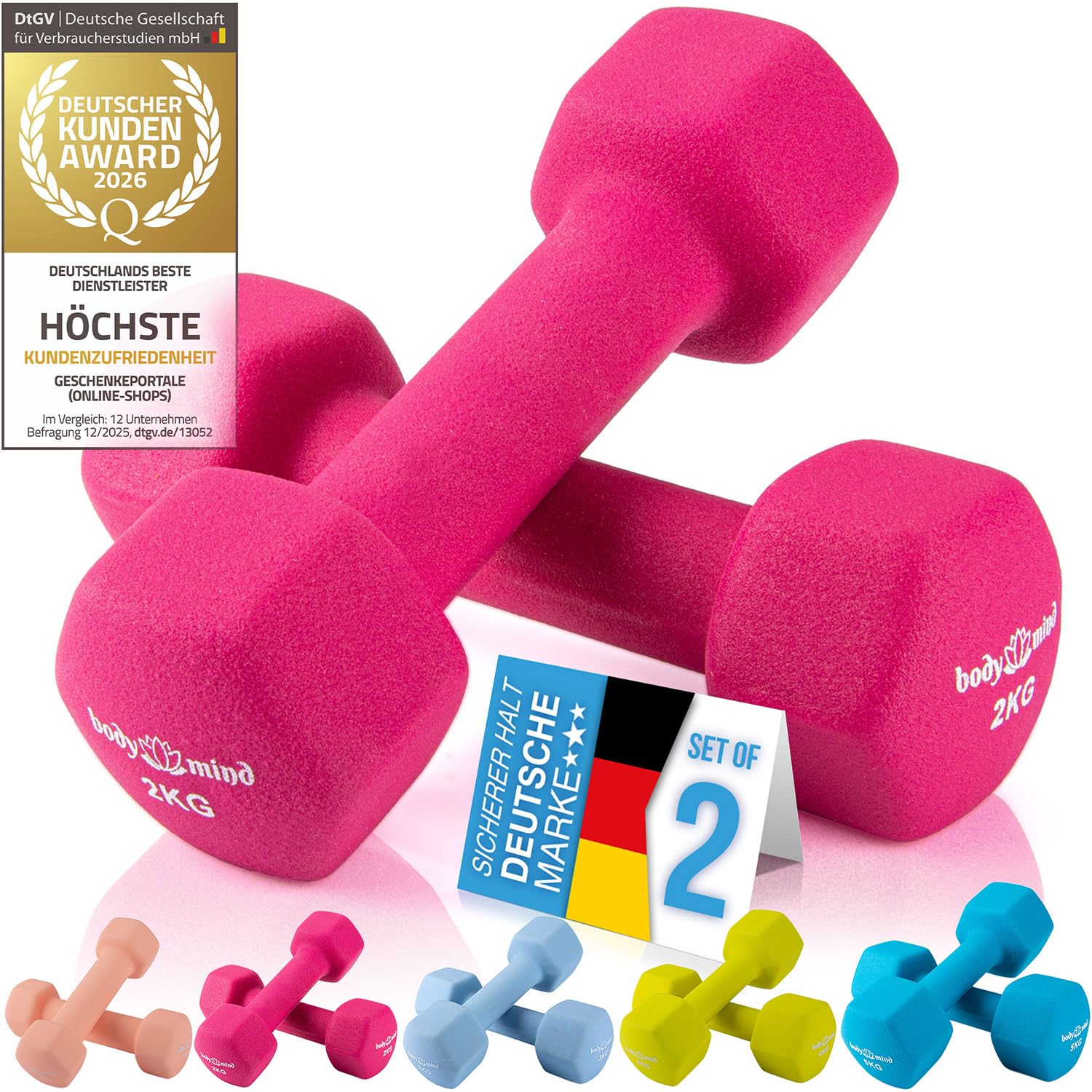 Body & Mind® 2er Set Kurzhanteln 2kg - rutschfeste Neopren-Hanteln Damen