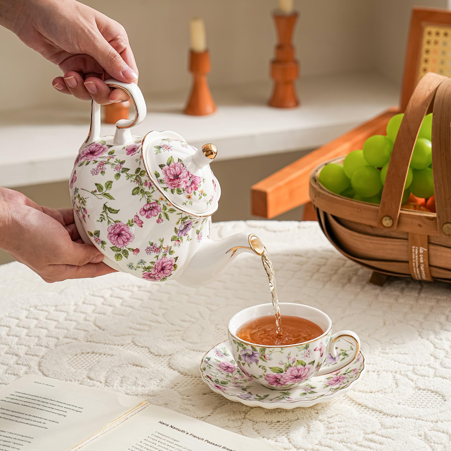 Agyiuns Tetera con flores blancas y grandes, 625 g, porcelana, cerámica, verdadera, 14 x 19 x 14 cm, tetera de hojas sueltas, infusiones de té, juego de fiesta de té
