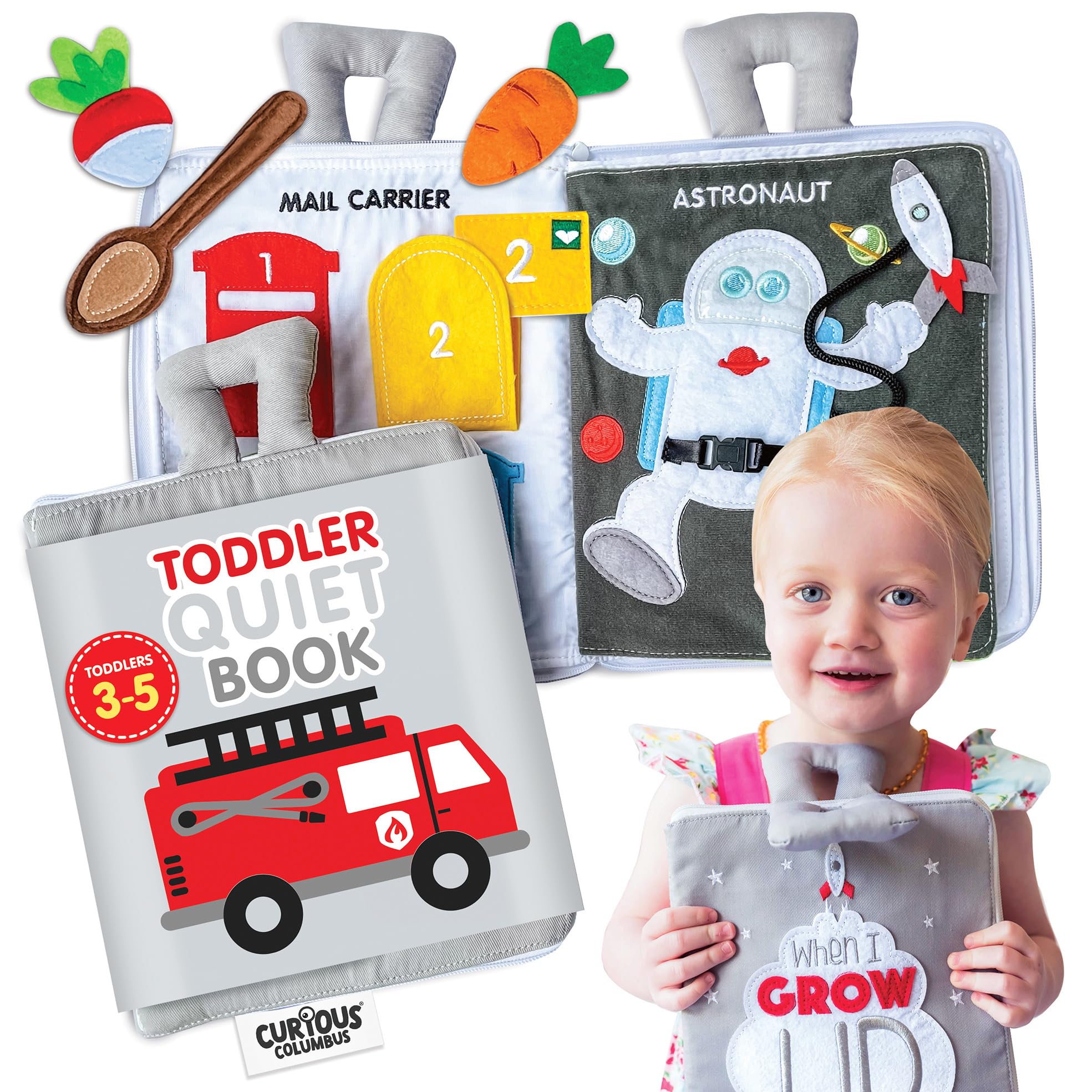 Curious Columbus Quiet Book Fabric Busy Book for Toddlers 3-5 - Airplane Toddler Travel Toys for Kids - Montessori Toy Preschool Activity Books - Fun and Educational for Toddlers