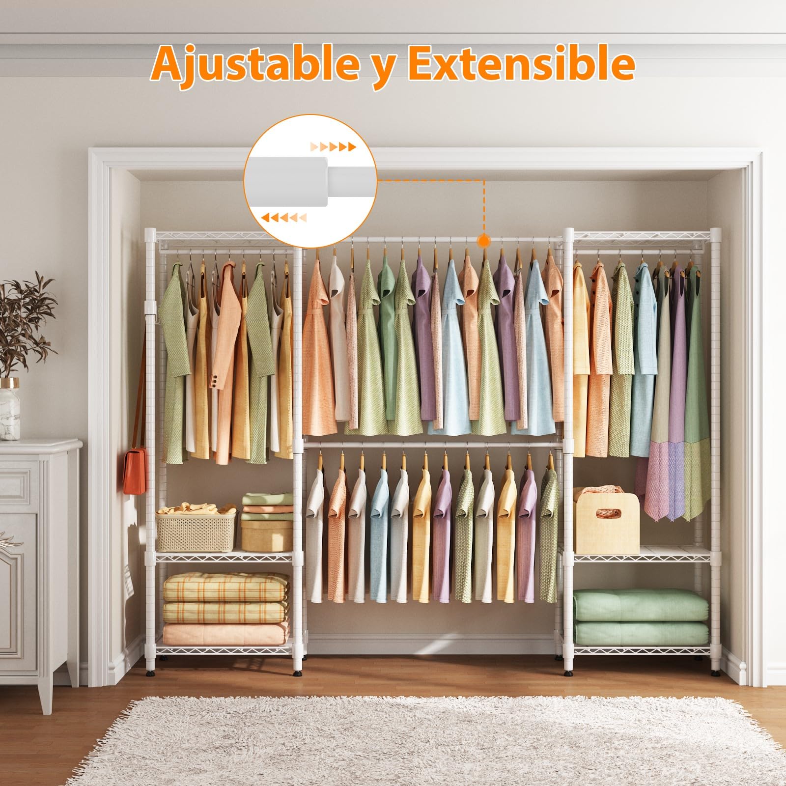 Himimi Perchero Telescópico con 4 Barras para Ropa, Armario Estable de Alta Capacidad con 6 Estantes Metálicos y 1 Gancho, Altura Ajustable, Sistema de Armario Abierto, A(182-240) x H180 cm Blanco