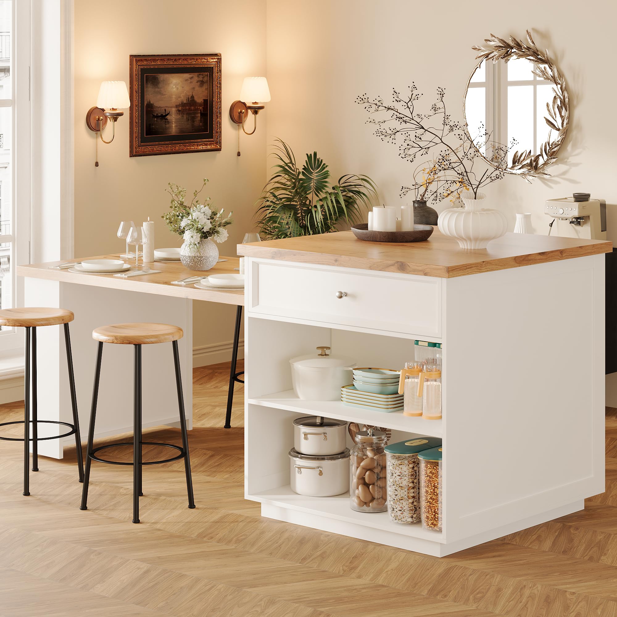 Isola da cucina estensibile (120-184 cm) con cassetti e ruote, isola da cucina mobile con piano in effetto legno, isola da bancone versatile per cucina, sala da pranzo e bancone da bar