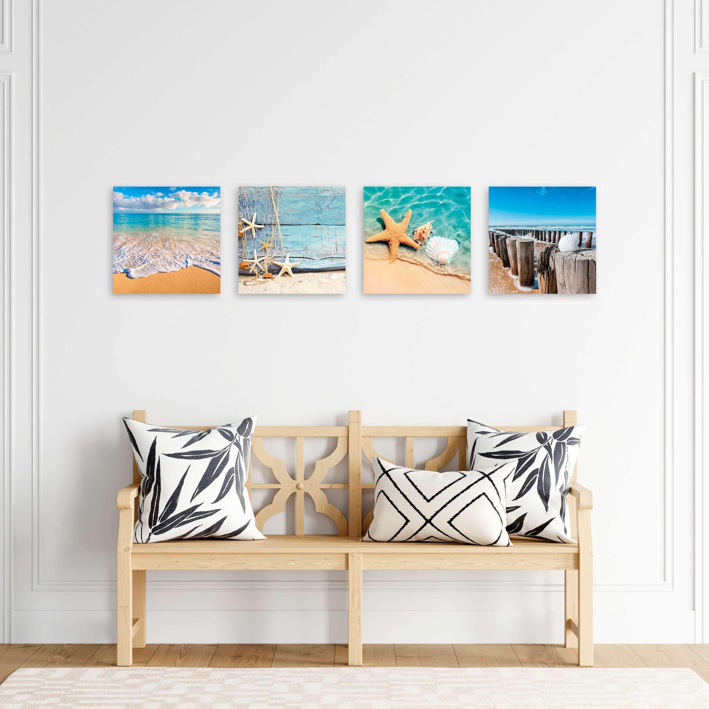 LuxHomeDecor Set di 4 Quadri 30x30 cm - Stampa su Tela con Telaio in Legno - Mare e Spiaggia con Conchiglie, Stelle Marine e Paesaggi Marini Rilassanti