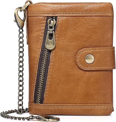 Cartera de cuero para hombre con cadena antirrobo, cartera plegable de cuero genuino RFID, multifuncional, con cremallera, bolsillo para monedas con