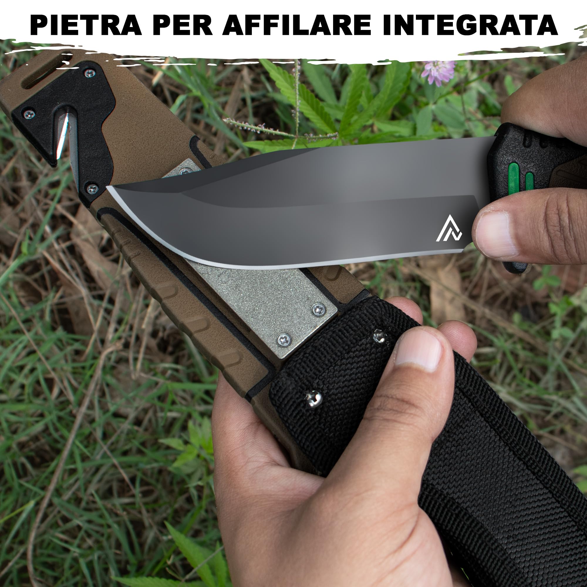 naifu® - The Hunter X - MARONNE - Coltello sopravvivenza a lama fissa da 12 cm in acciaio inossidabile - Coltello da caccia - Sopravvivenza - Bushcraft - Accendino e affilatore inclusi