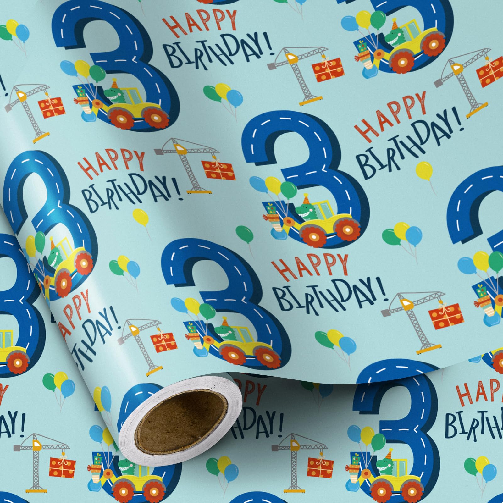 RUSPEPA Birthday Wrapping Paper for Boy - Mini Roll - Dinosaur Truck Happy Birthday Design - 43.2cm x 5m - 3 Year Old
