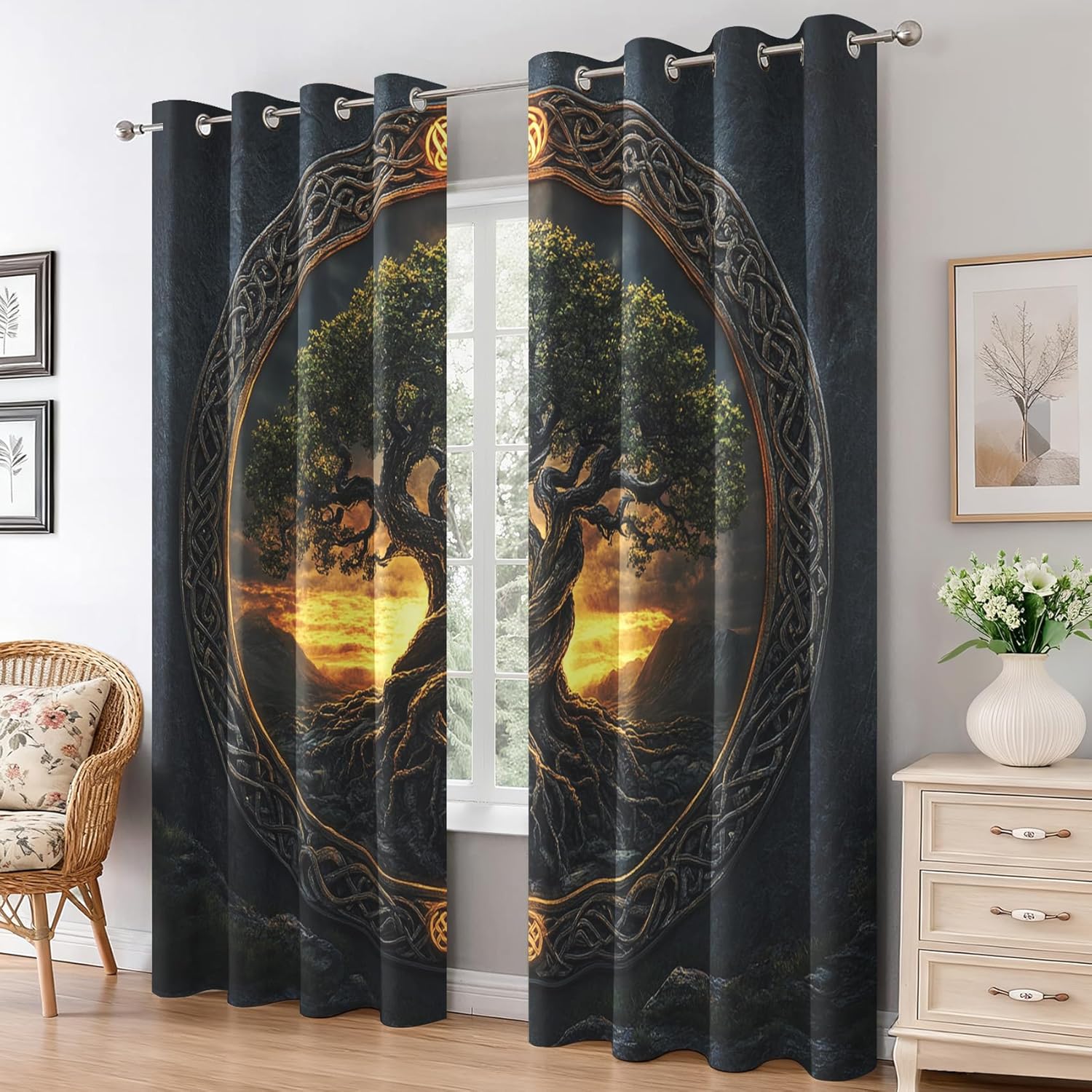 Celtic Knot Curtains Blackout & Home Decor, Tree of Life Curtains Bedroom Living Room Decor, Viking Tree Thermal Insulated Grommet Drapes 63 Inch Long, 2 Panels Set N1Q-36