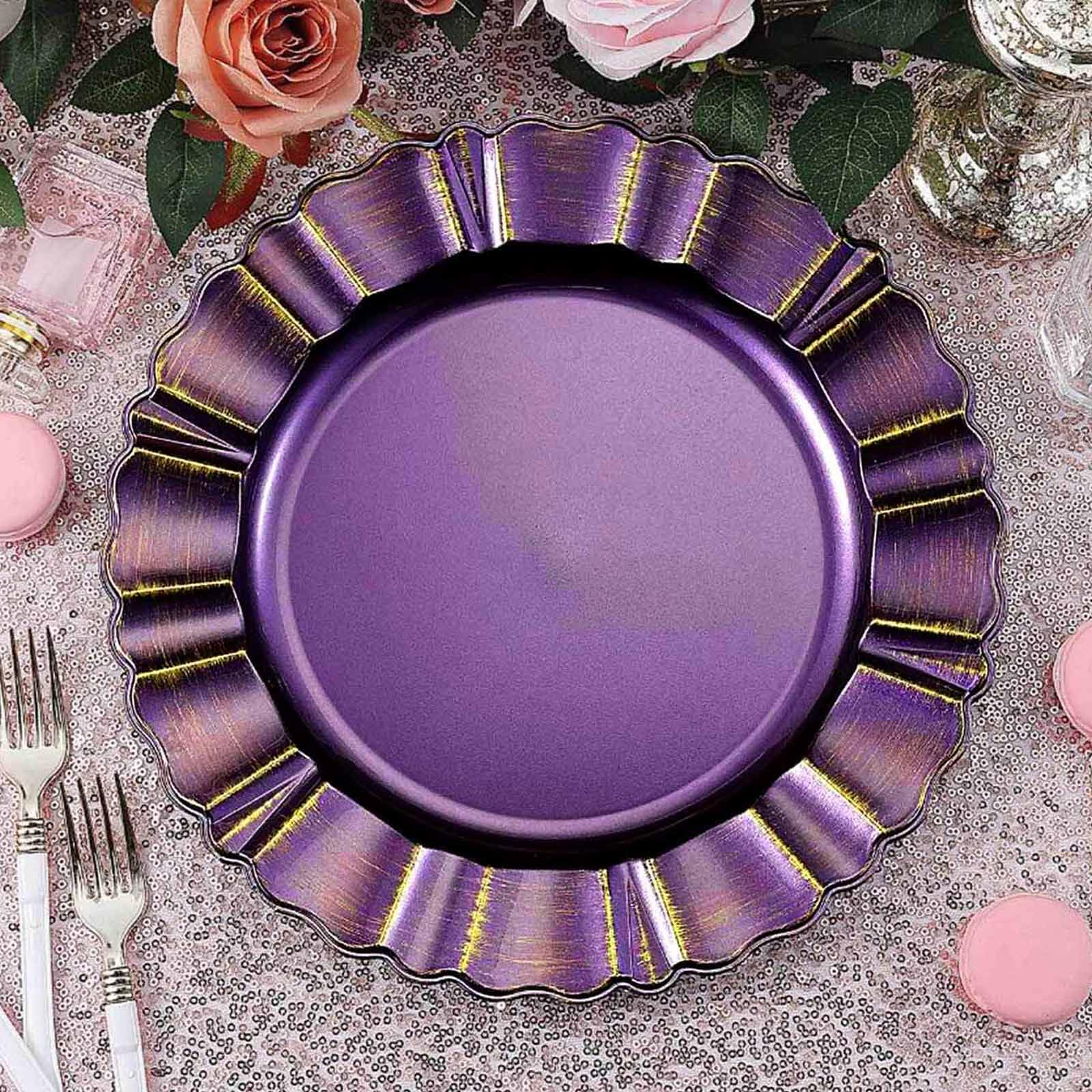 TCF Linen 13" Charger Plates -Set of 12 - Acrylic Purple Round Disposable Chargers With Gold Brushed Wavy Scalloped Rim, Ideal for Dinner Party