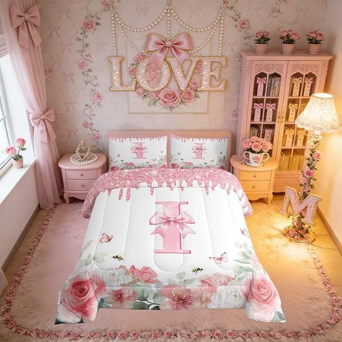 Erosebridal Initial Letter I Girls Comforter Sets King Pink Cartoon Bowknot Bedd