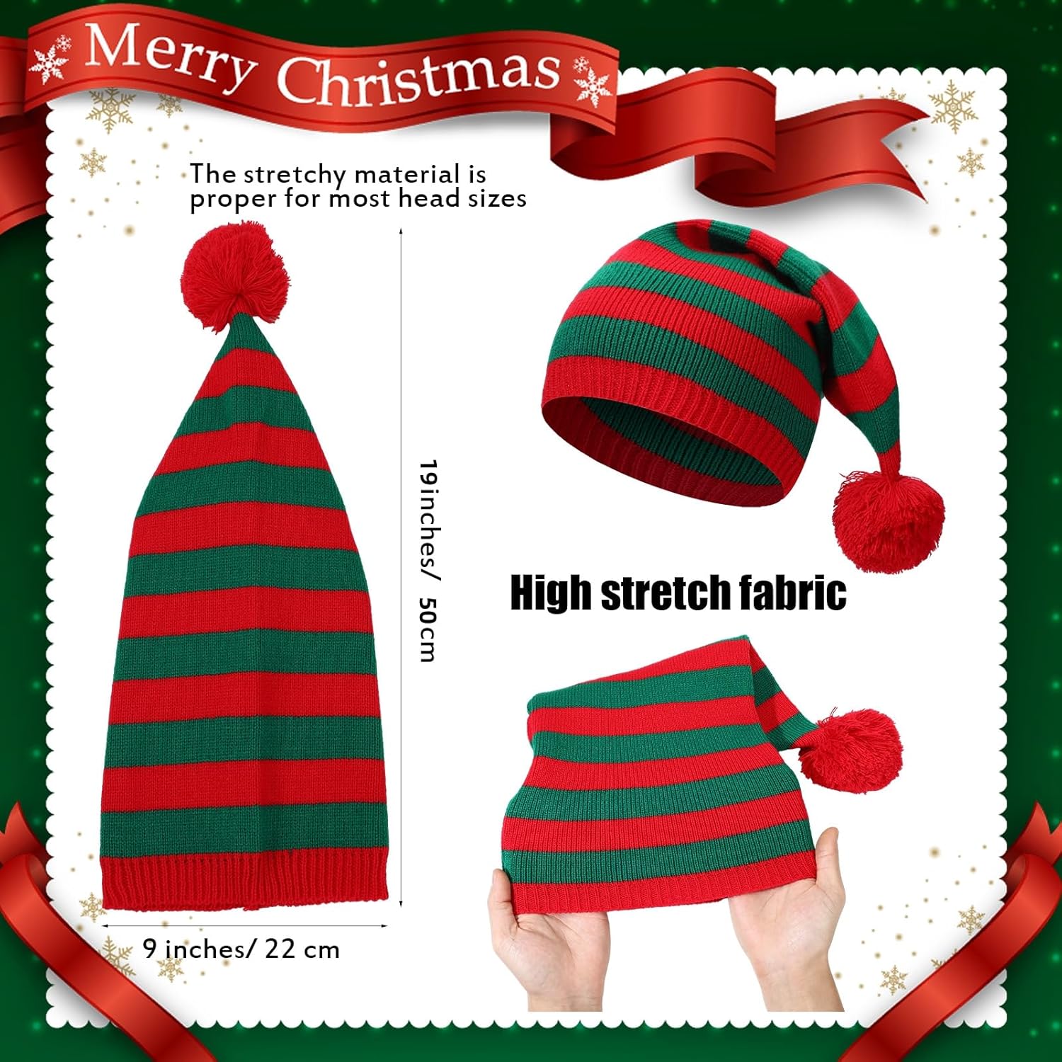 6 Pcs Christmas Elf Hat Knitted Santa Hat Winter Beanie Striped Hat for Adult Xmas New Year's Party Costume Accessory