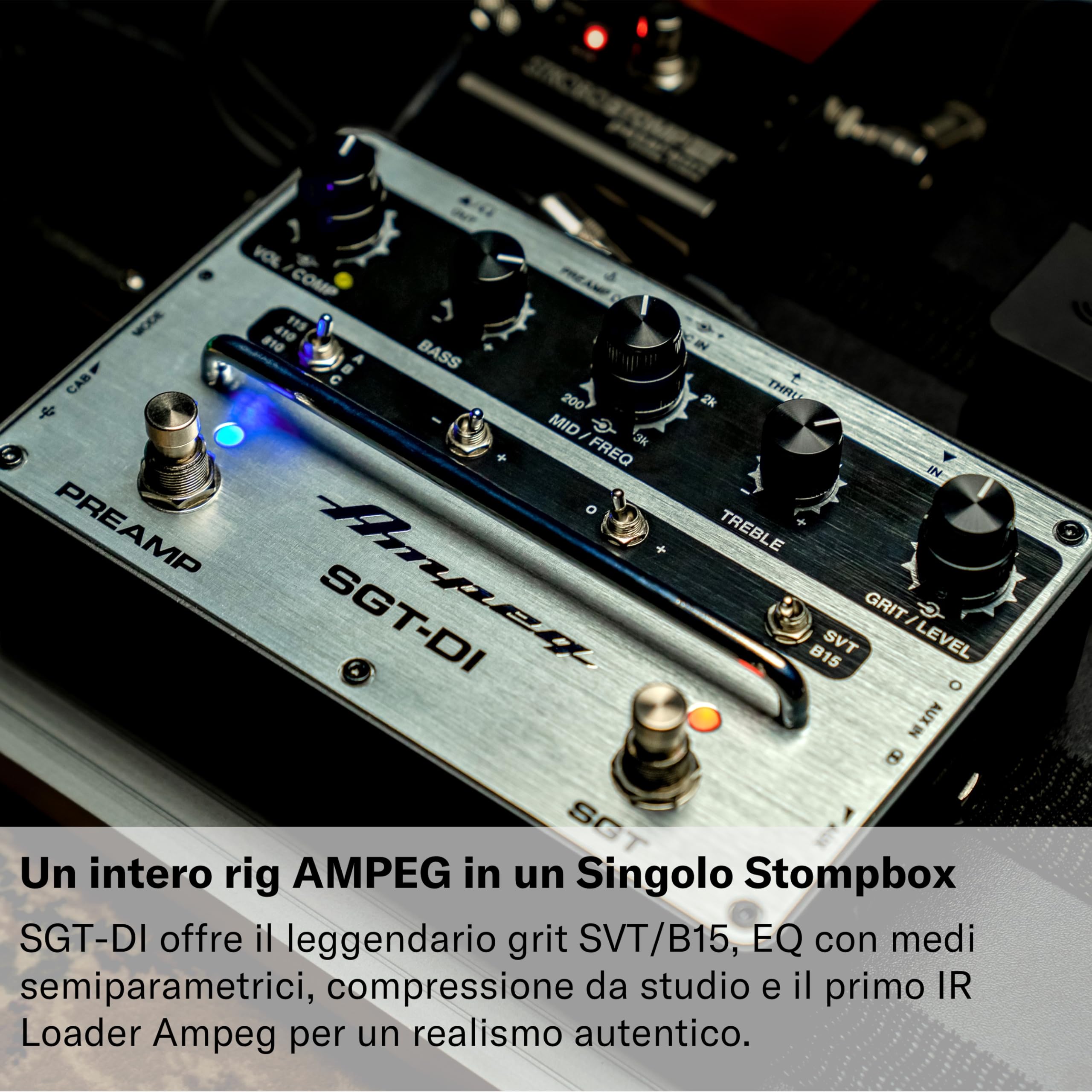 Ampeg SGT-DI Bass Preamp SVT/B15 Footswitch IR Loader 3-Band EQ Variable Mids Compressor Ultra-Hi/Ultra-Lo Black Silver