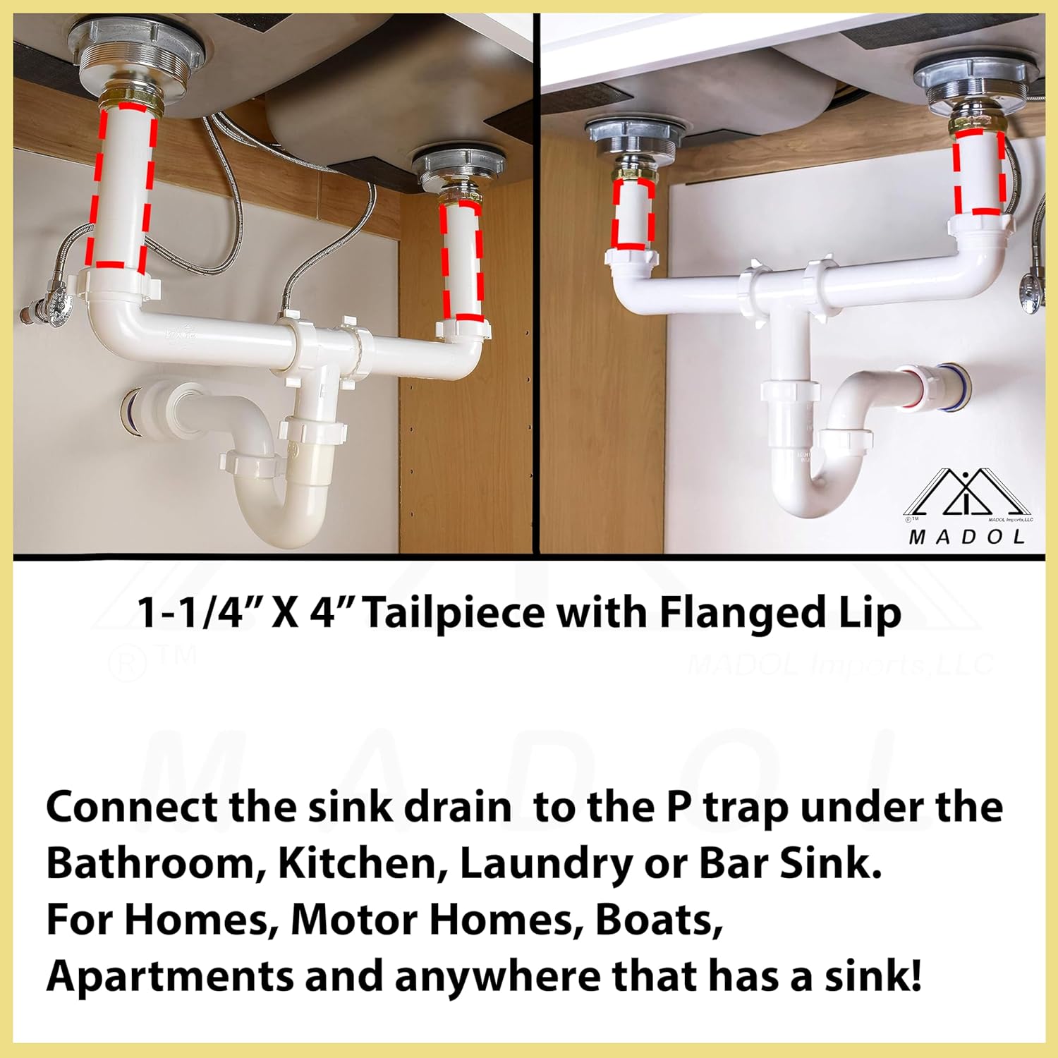Sink Tailpiece 1-1/4 inch x 4 inch, Tubular White Plastic Plumbing Fitting with Flanged Lip, Drain Pipe Connections for Kitchen, Bathroom, Laundry Sinks