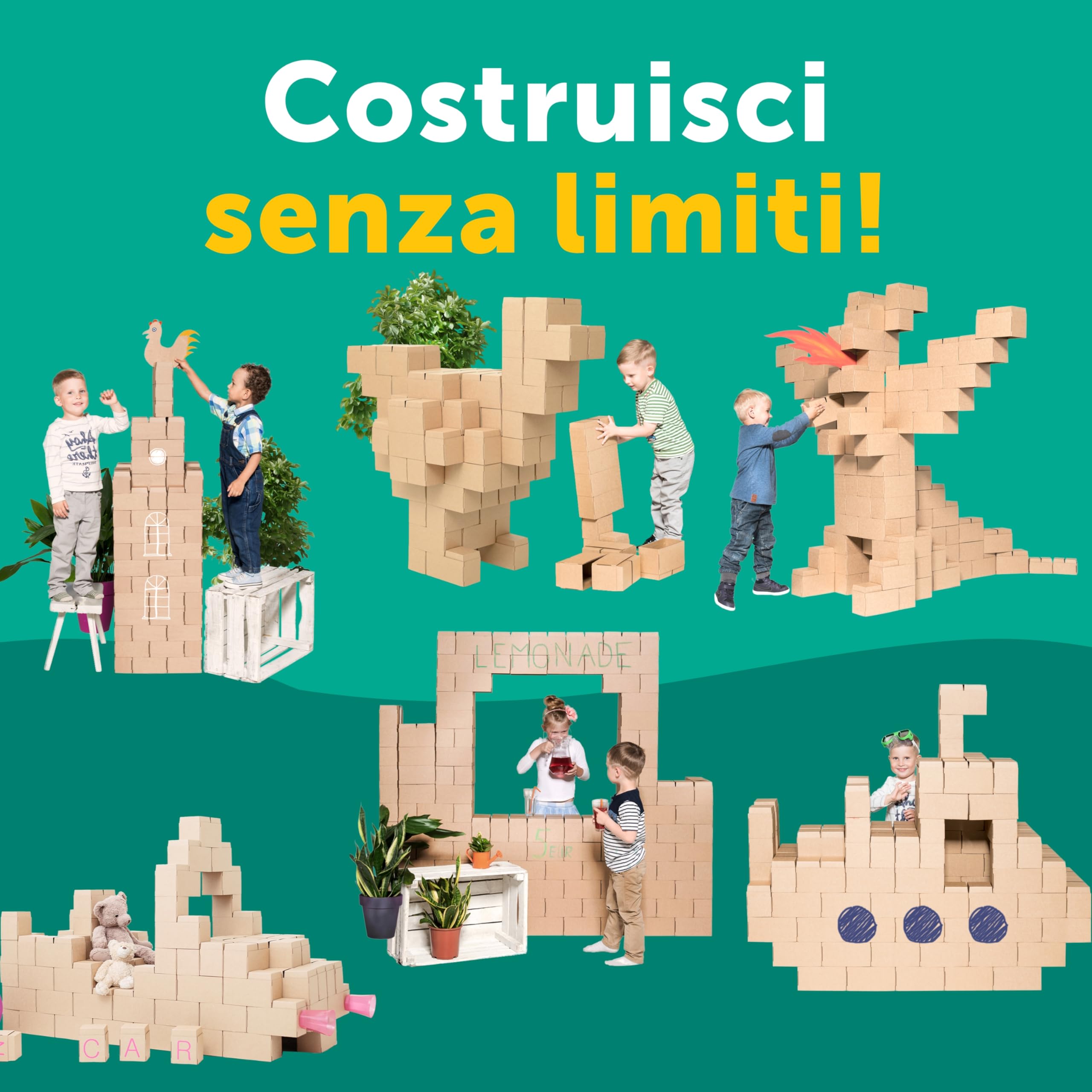 GIGI Bloks 100 Mattoncini Costruzioni Grandi per Bambini XXL Impilabili & Incastro | Cartone Blocchi Costruzioni per Bambini Robusti e Facili da Montare | Grandi Giochi Montessori Creativi & Educativi