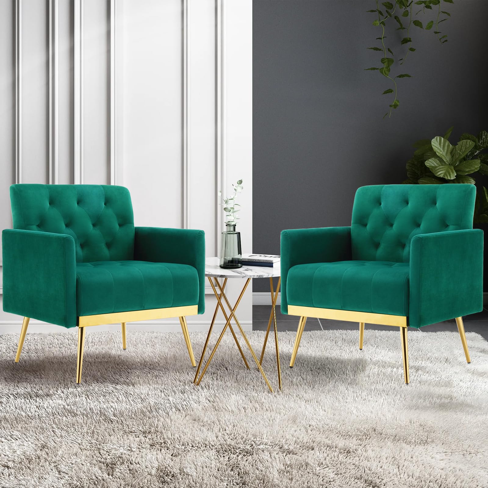 bizinore Velvet Accent Chairs Set of 2, Modern Button Tufted Armchair with Metal Legs Small Comfy Upholstered Single Reading Club Chair for Living