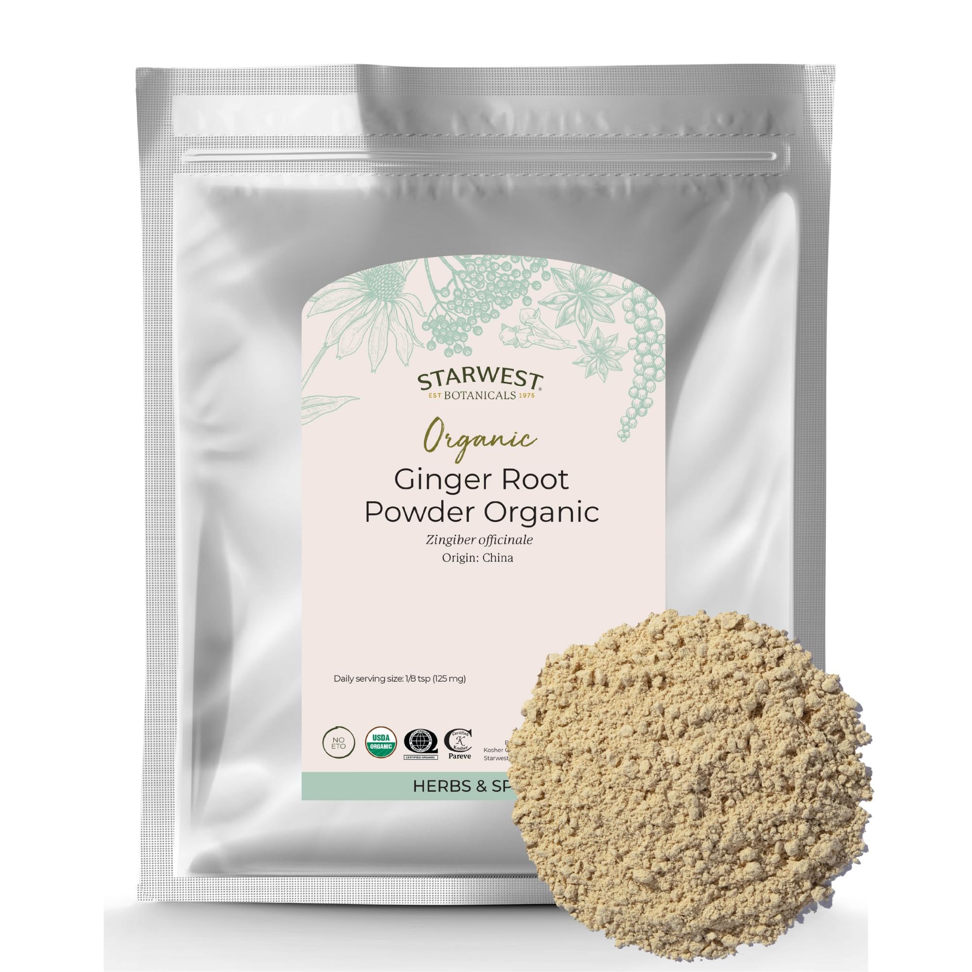 Starwest Botanicals Organic Ginger Root Powder - Ground Ginger Herb for Tea, Baking, & Cooking, Natural Herbal Spice, Supports Digestion, Certified Kosher, Non-GMO - Bulk 1 lb Bag
