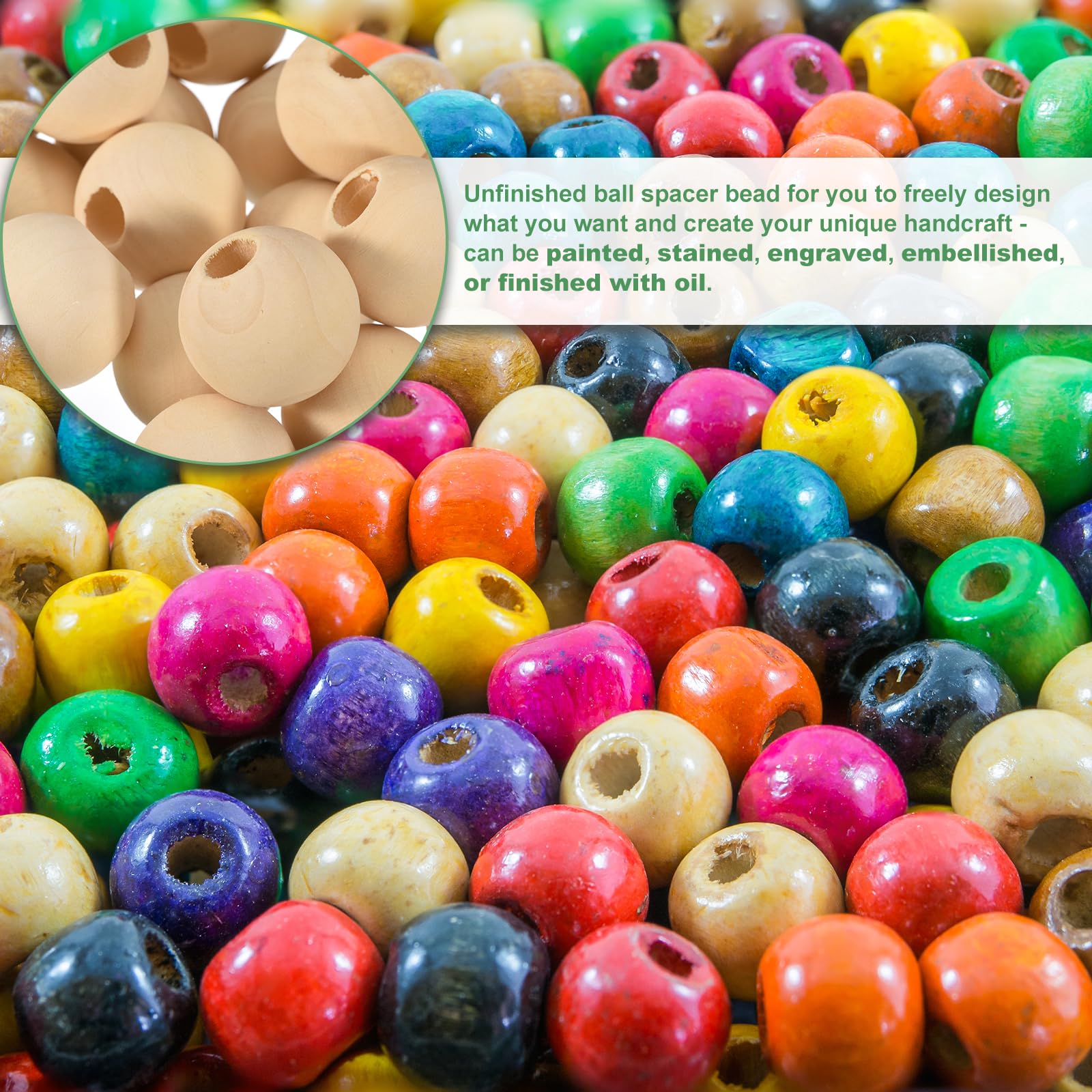 uxcell 100 cuentas espaciadoras de madera natural de 30 mm, cuentas redondas de madera sin terminar con agujero grande de 10 mm para manualidades, joyería y pulseras