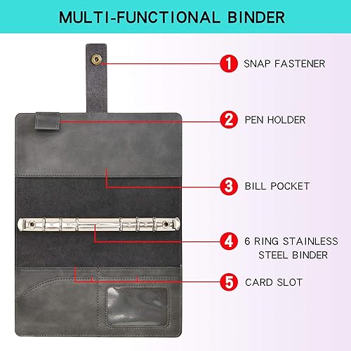 Miniatura 5 de Wonderpool Cuaderno de cuero A6 recargable, cuaderno en espiral, carpeta de carpetas de papel punteado y bolsillos interiores para hombre y mujer