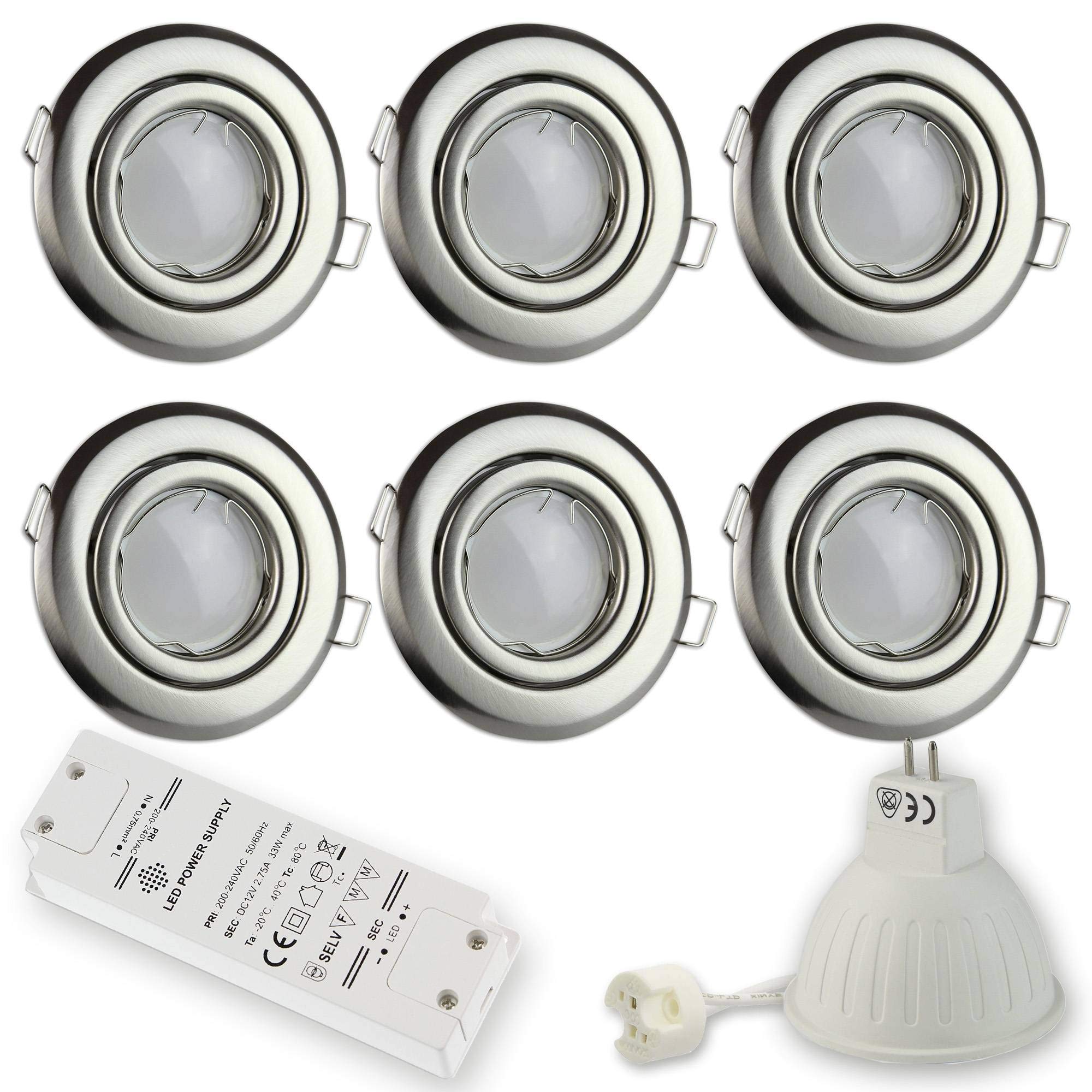6x LED-inbouwspotset vierkant messing 7 watt koud wit 12V plat (30mm) - MR16 inbouwlicht draaibaar - 75mm boorgat inbouw - Spotplafonds - spots plafond-inbouwspots plafondinbouwspots