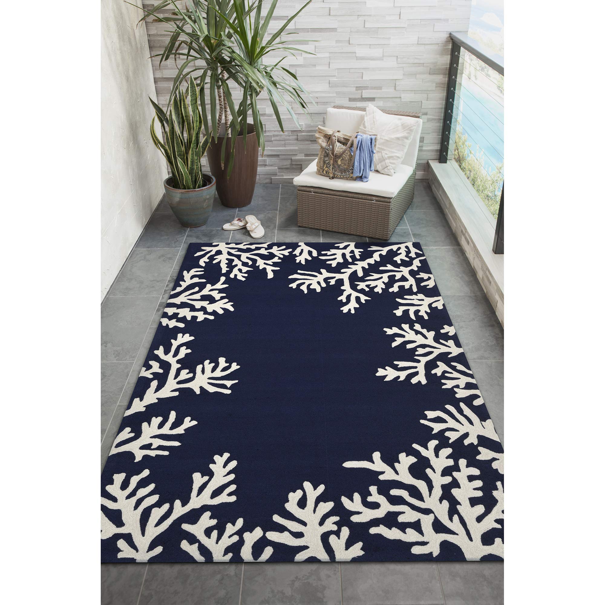 Liora Manne CAPRI Indoor/Outdoor Handmade Synthetic Blend Durable Area Rug - Traditional Border Coastal Beach Accent (Coral Border Navy) (5' x 7'6")