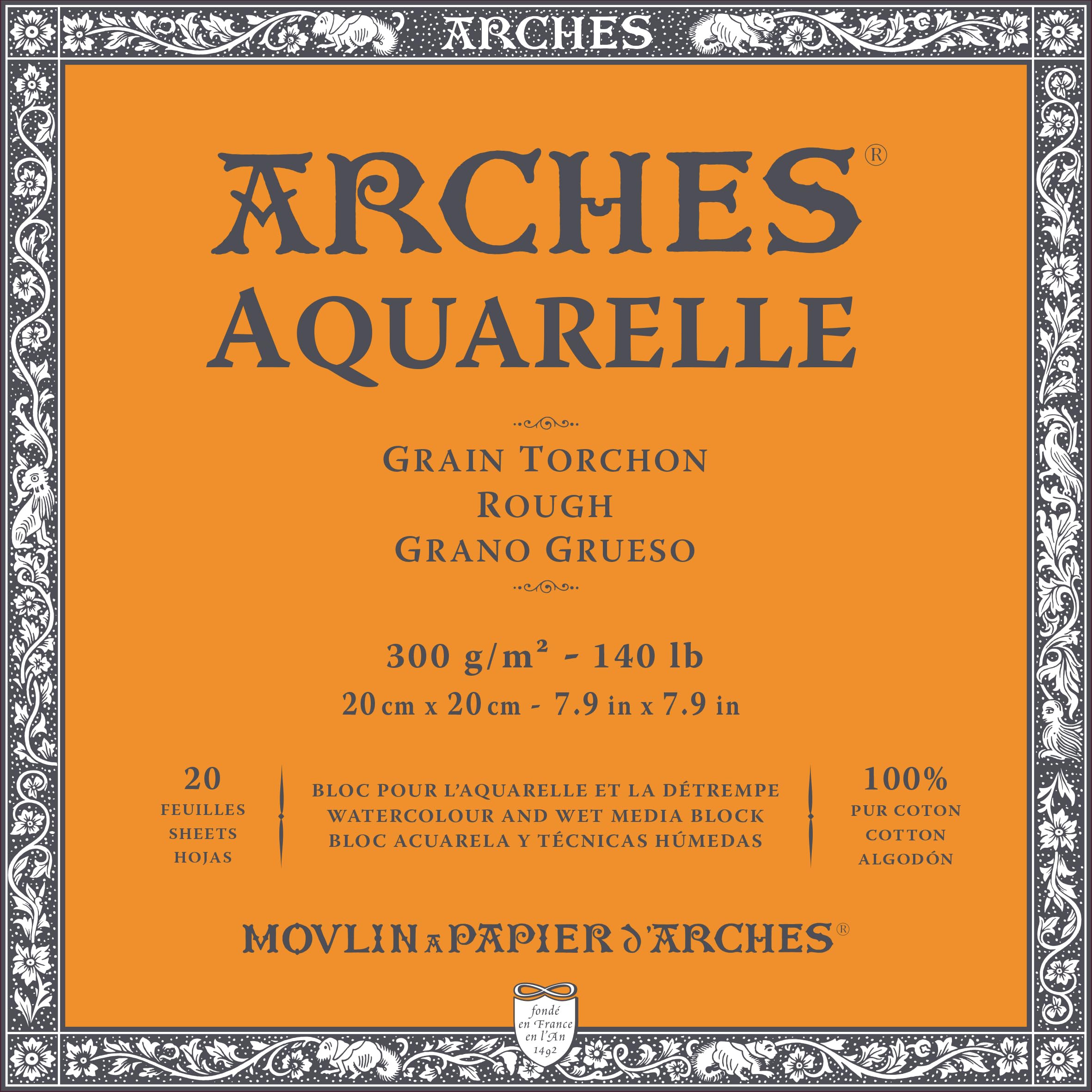 ARCHES Aquarelle 100% Spessore 300g Blocco Incollaggio 4L 20x20 20 Fogli Bianco Naturale, Carta, unità