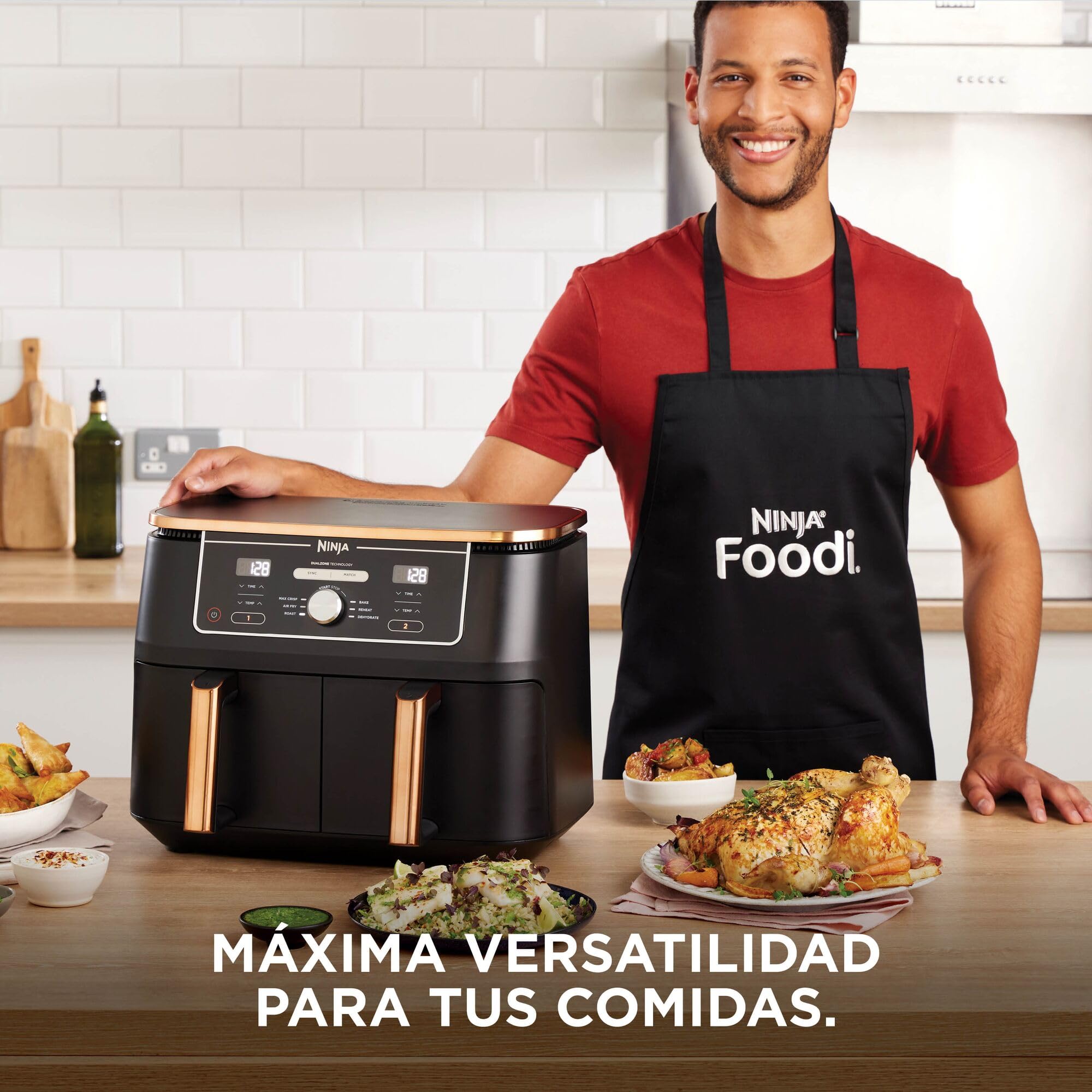 Ninja Foodi MAX Freidora de aire con compartimento doble, 9,6 l, 6 en 1, no usa aceite, Max Crisp, Asar, Hornear y más, pinzas, 8 porciones, cestas antiadherentes, en cobre y negro, AF400EUCP