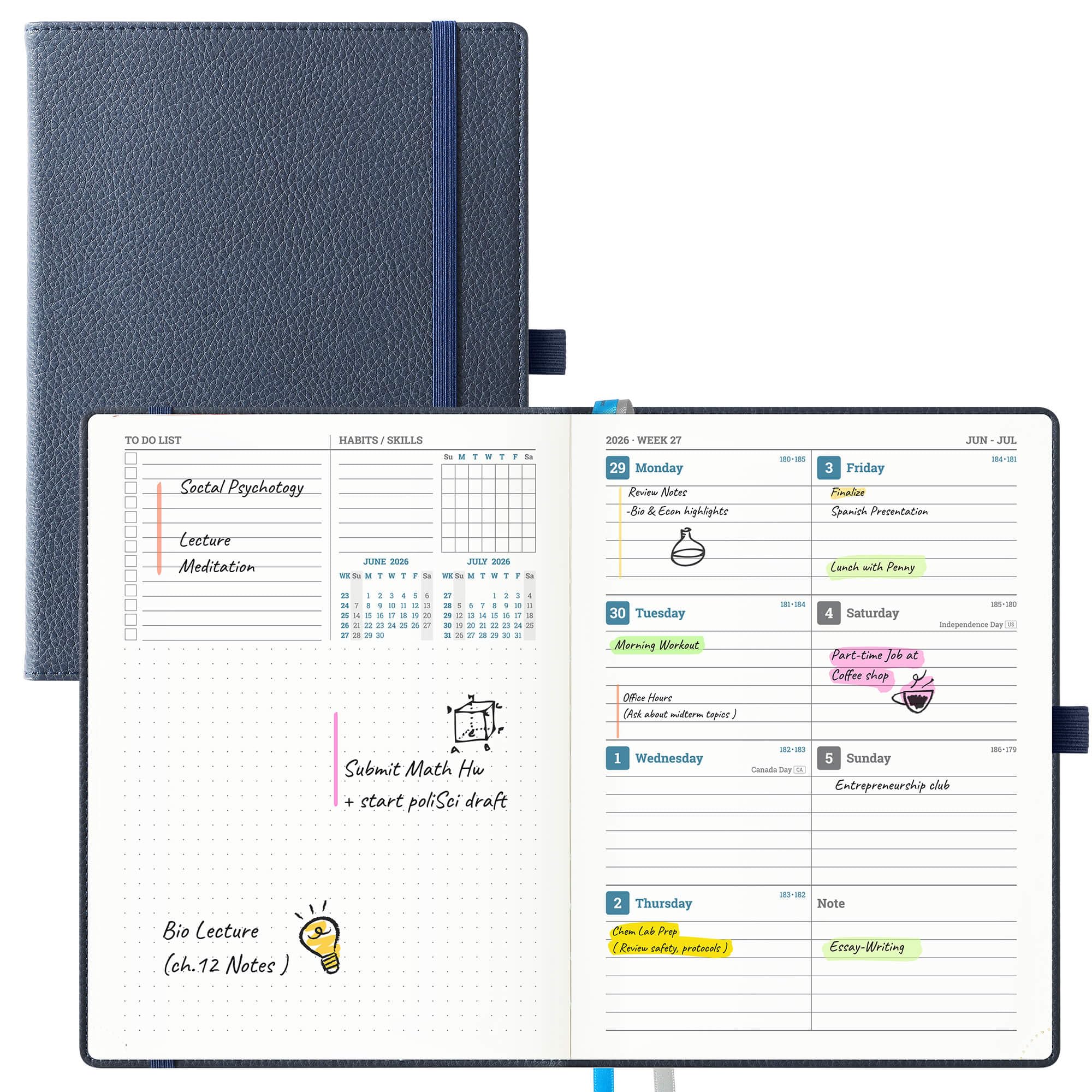IN-LUXPRO Academic Diary 2026-2027:A5 Week to View(21.8x16.4cm)12Months(Jul'26-Jun'27) Soft Cover New Layout, Weekly & Monthly Planner with Month Tabs & Inner Pocket, PU Leather Dark Blue