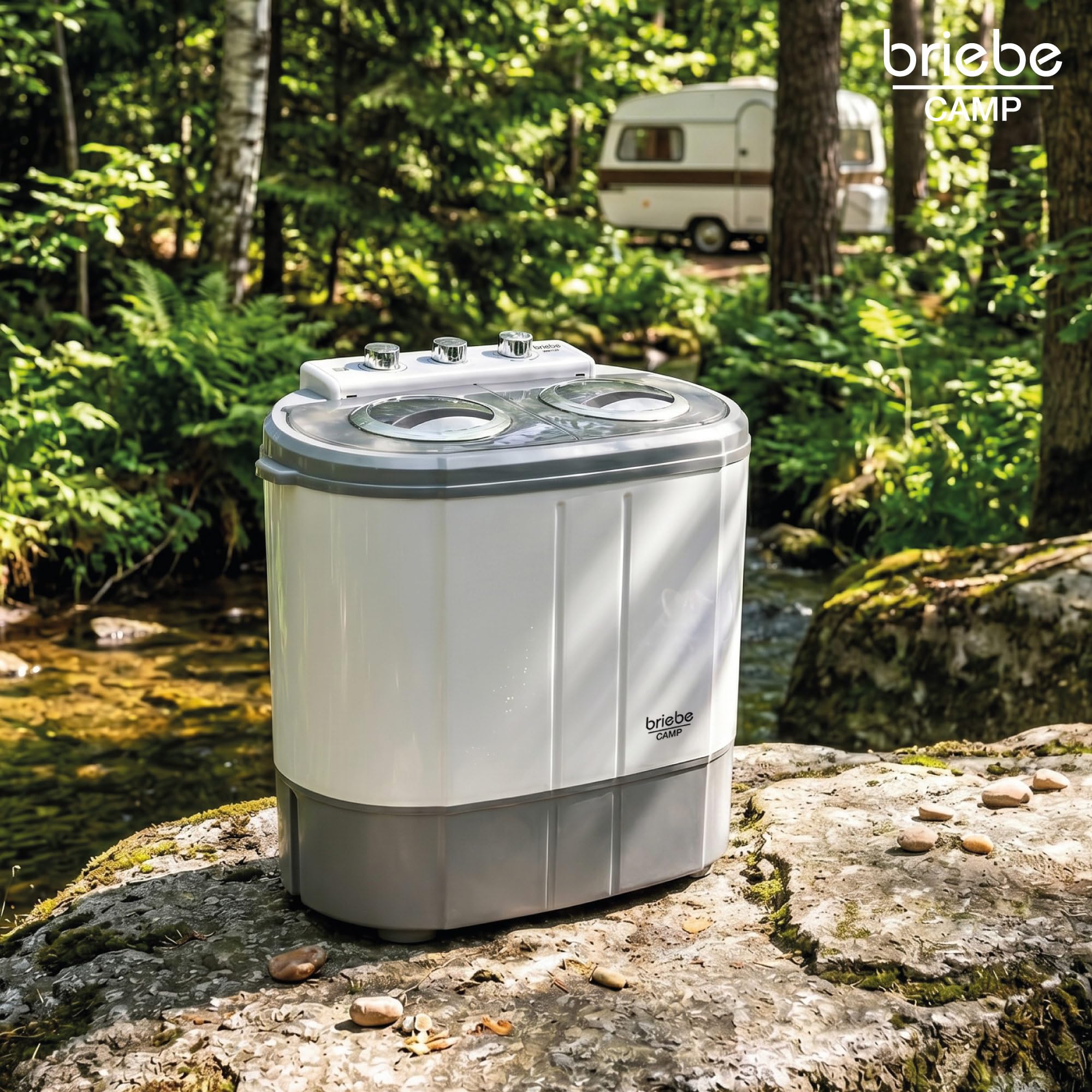 briebe Camp Mini-Waschmaschine, Tragbar, mit Schleuder, Camping, Kapazität 3 kg, Ideal für Reisen, Wohnwagen, Wohnmobile, Kleine mit 2 Fächern, Geringer Wasser- und Energieverbrauch, Grau/Weiß