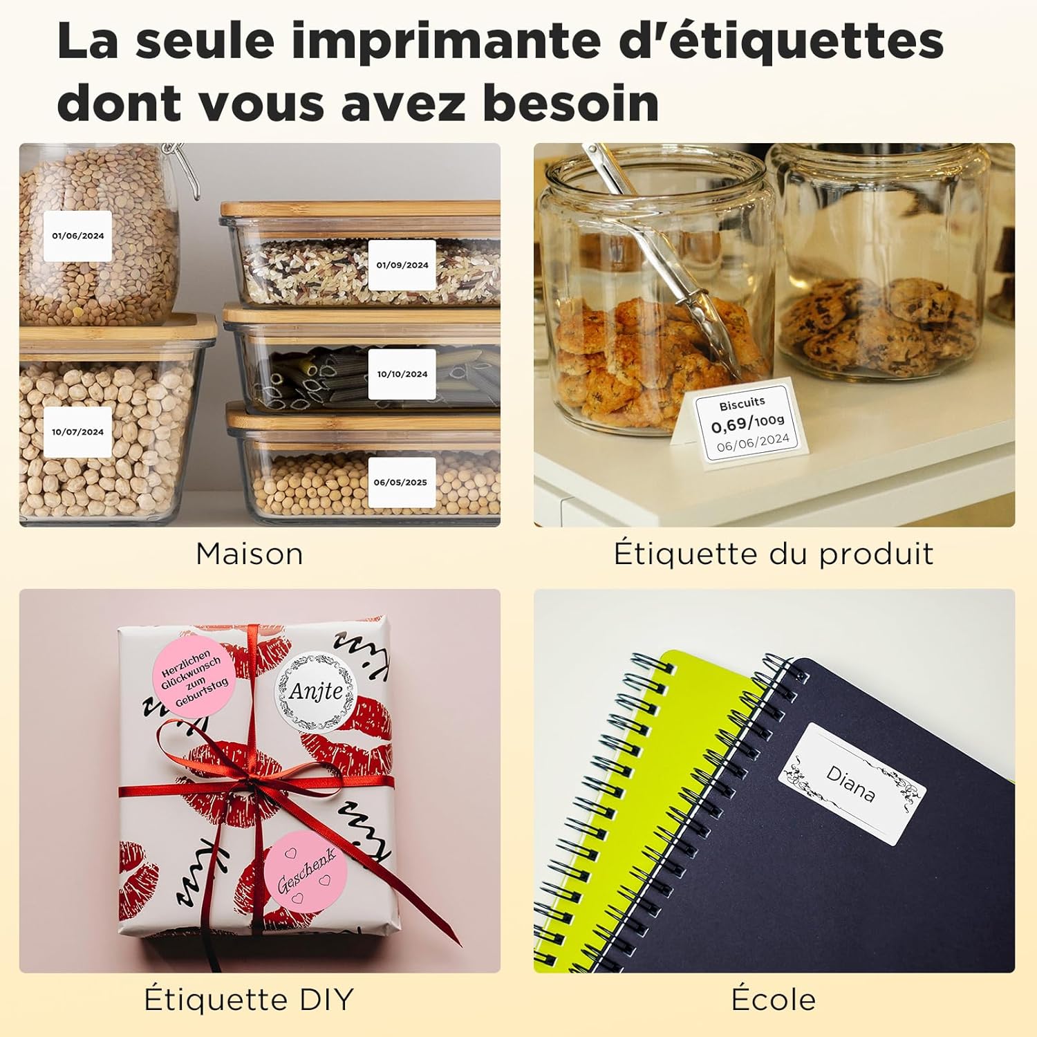 Examples of SUPVAN T50M Pro label maker applications in home organization, product labeling, DIY projects, and school supplies.