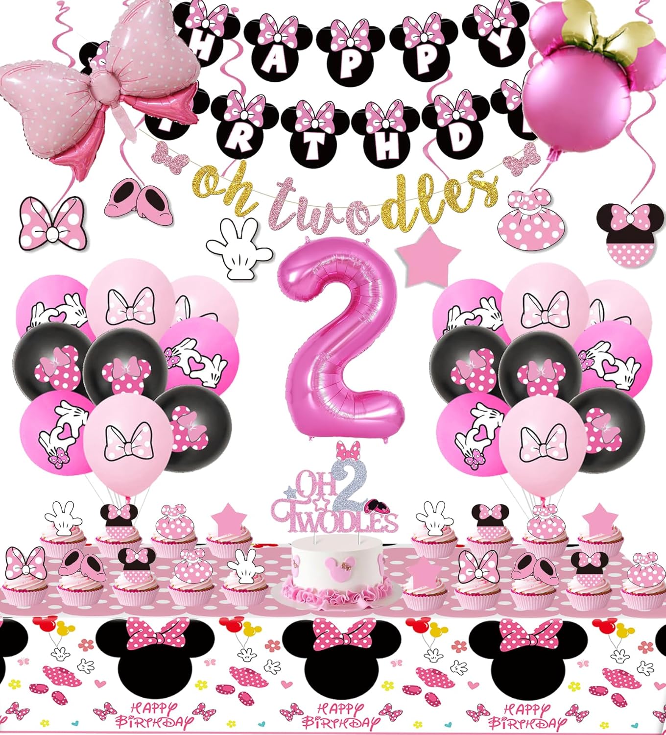 Pink Mouse 2nd Birthday Party Supplies, Oh Twodles Girl Second Party Decorations Includes Happy Birthday Banner, Hanging Swirls, Tablecloth, Cake Cupcake Toppers, Bow Foil Balloon, Latex Balloons