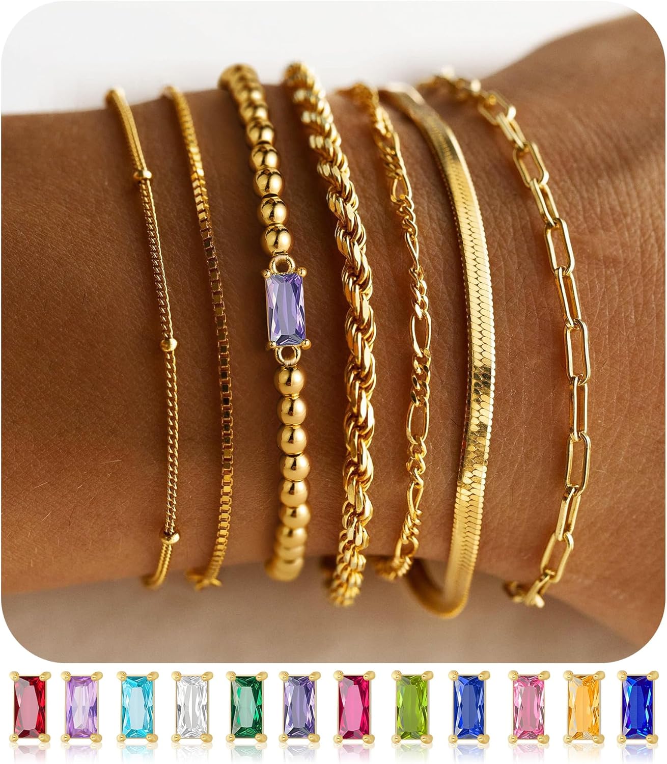 M MOOHAM Gold Birthstone Bracelets Stack for Women, 14K Real Gold Plated Beaded Bracelets Rope Paperclip Chain Bracelet Non Tarnish, Friendship Birthday Jewelry Gifts - Image 2
