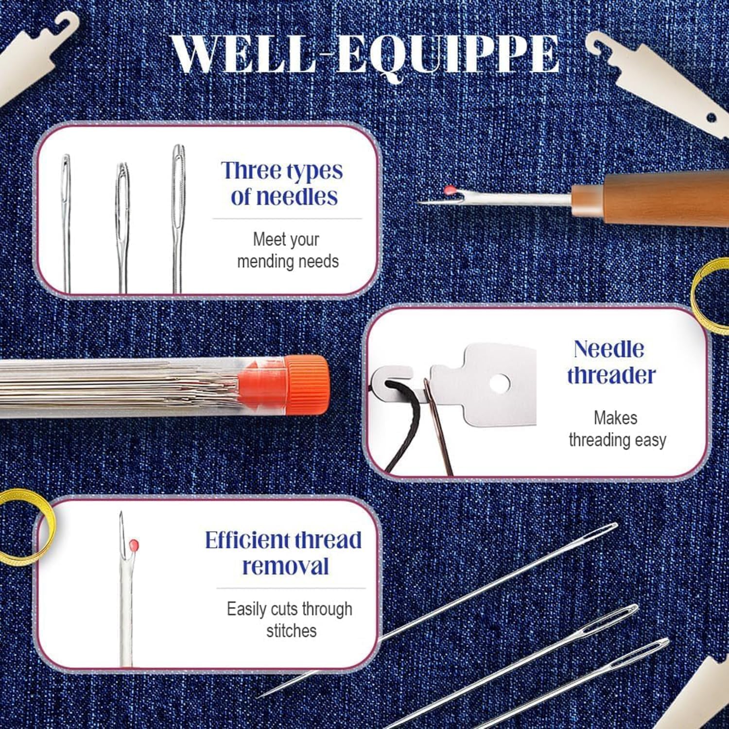 37PCS Big Eye Steel Sewing Tool Set, Needle and Thread Kit, Threader and Needle Repair Kit Stainless Steel Needles for Hand Sewing