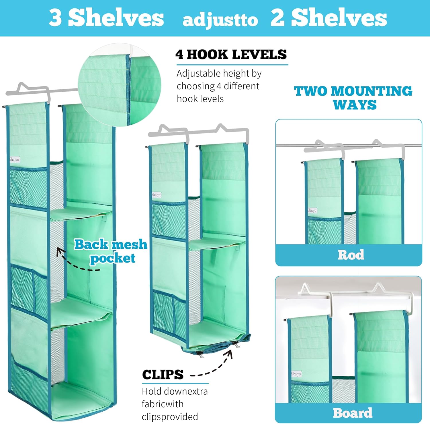 Locker Organizer with Hooks & Shelf, Unibody Steel Frame for Sag-Free Use in School, Gym, Work, Adjustable Storage Solution for Full/Half Lockers (Cyan)