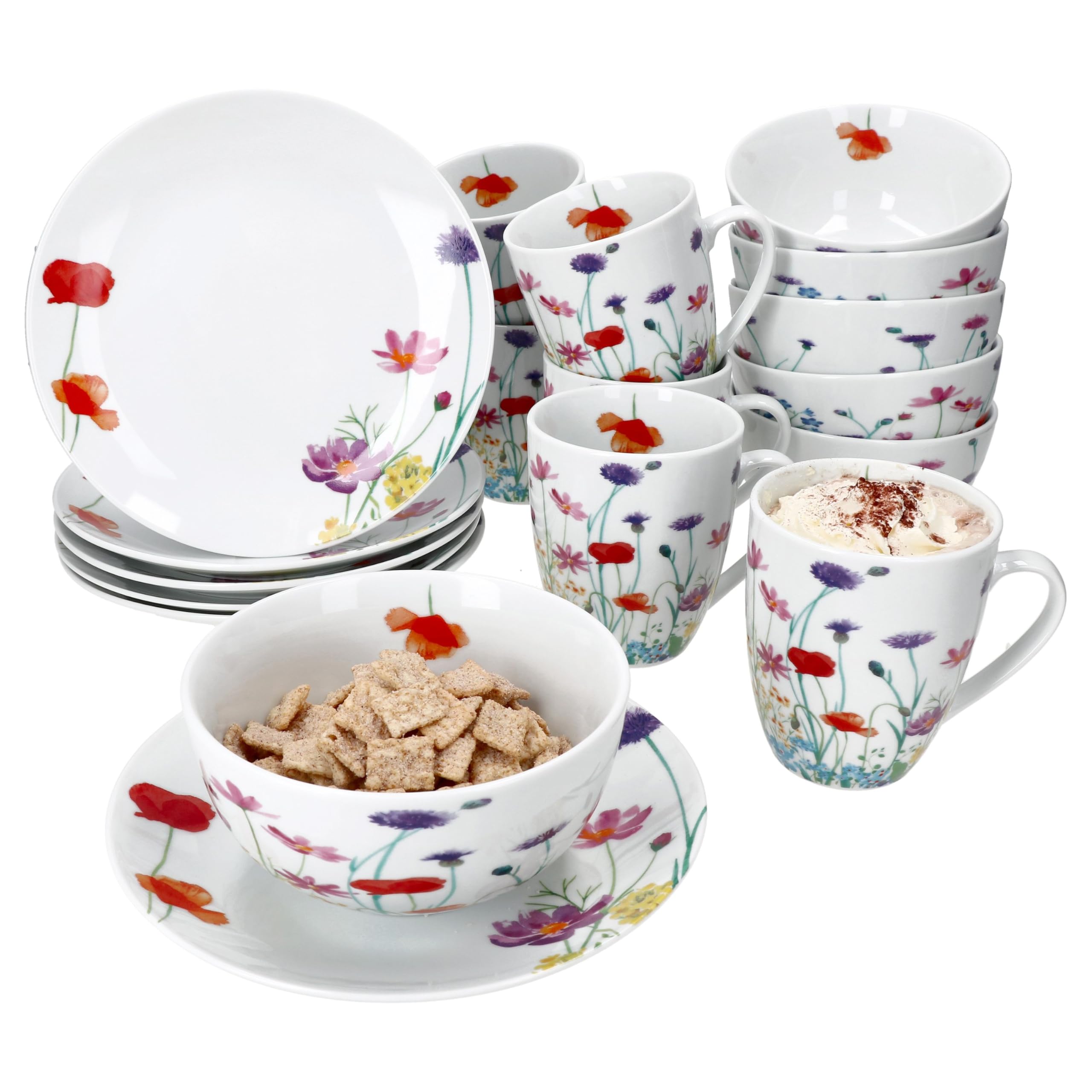 Een porseleinen servies van verschillende merken versierd met bloemen
