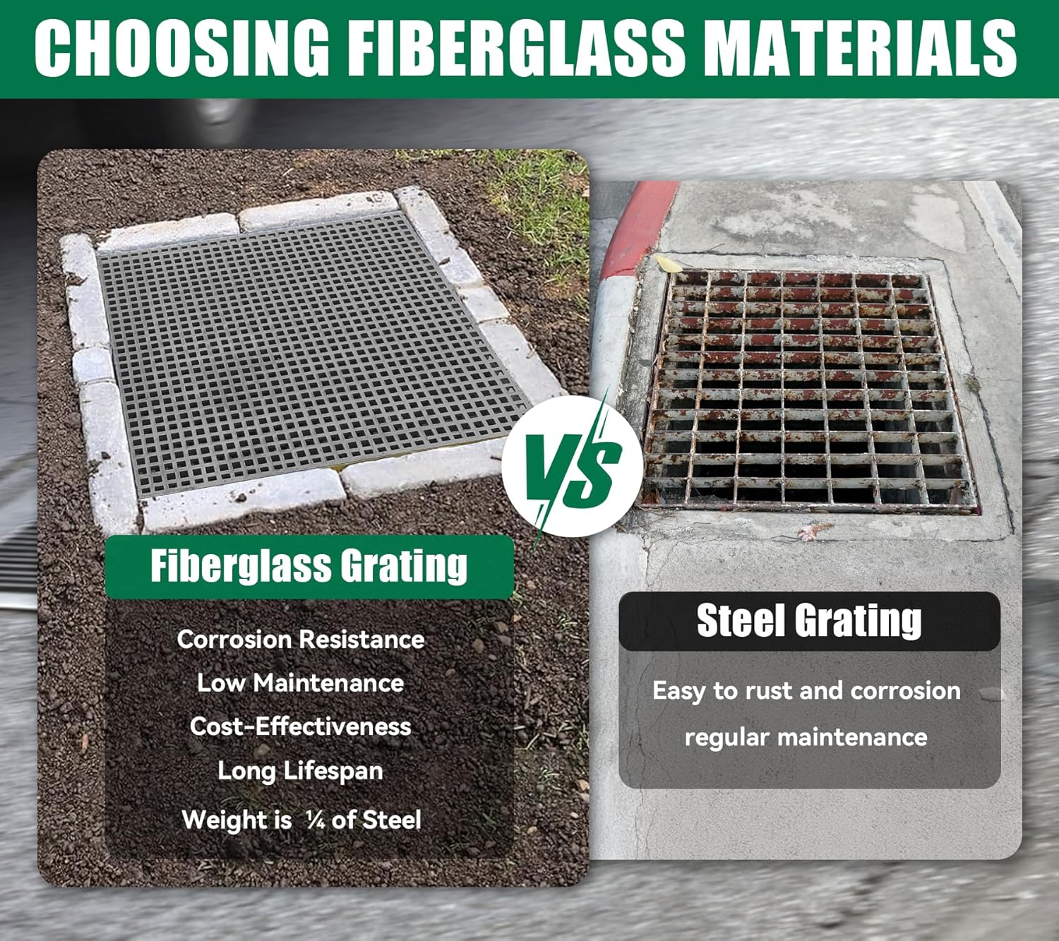 24x24in Fiberglass Molded Grating, FRP High Strength Grate Panel 11000 LBS Capacity 1.5'' Micro-Mesh Square Heavy Duty Bar Grating for Outdoor,Car Wash,Deck,Drain,Industrial Aera,Grey