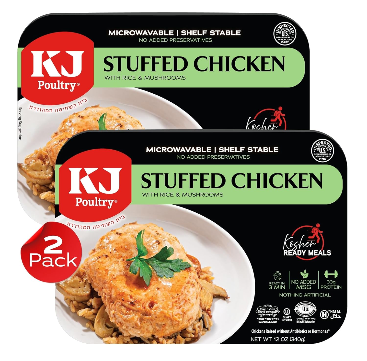 KJ Poultry Kosher Ready Meals - Stuffed Chicken Breast Rice, MRE Meat Meals Ready to Eat, Gluten Free, Halal, (2 Pack) Prepared Entree Fully Cooked, Shelf Stable Microwave Dinner, Travel Military