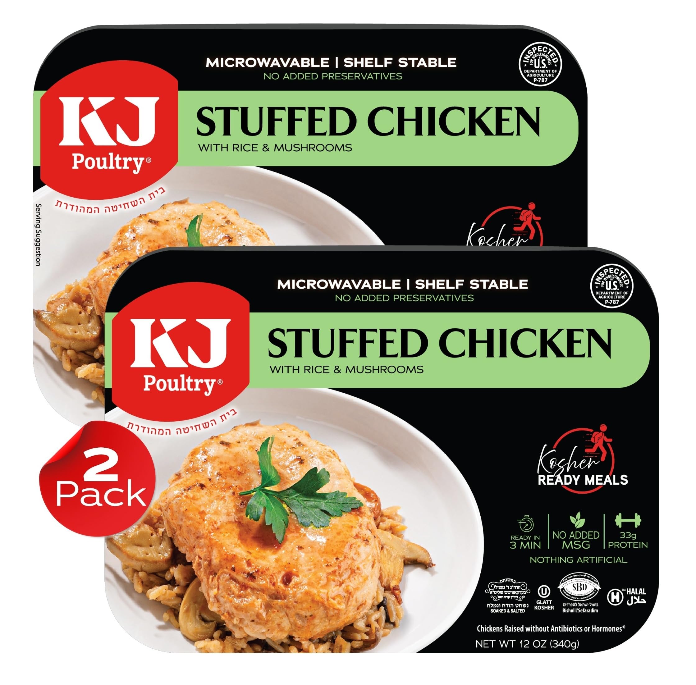 KJ Poultry Kosher Ready Meals - Stuffed Chicken Breast Rice, MRE Meat Meals Ready to Eat, Gluten Free, Halal, (2 Pack) Prepared Entree Fully Cooked, Shelf Stable Microwave Dinner, Travel Military